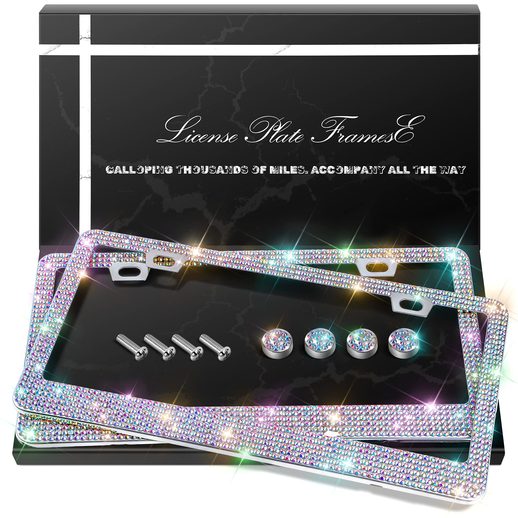 2 Pack Sparkly Rhinestone Diamond Car License Plate Frames - Stainless Steel Bling License Plate Covers with Glitter Crystal Caps for Women (Colorful) - Perfect for Car Decoration, Gifts & Personalization