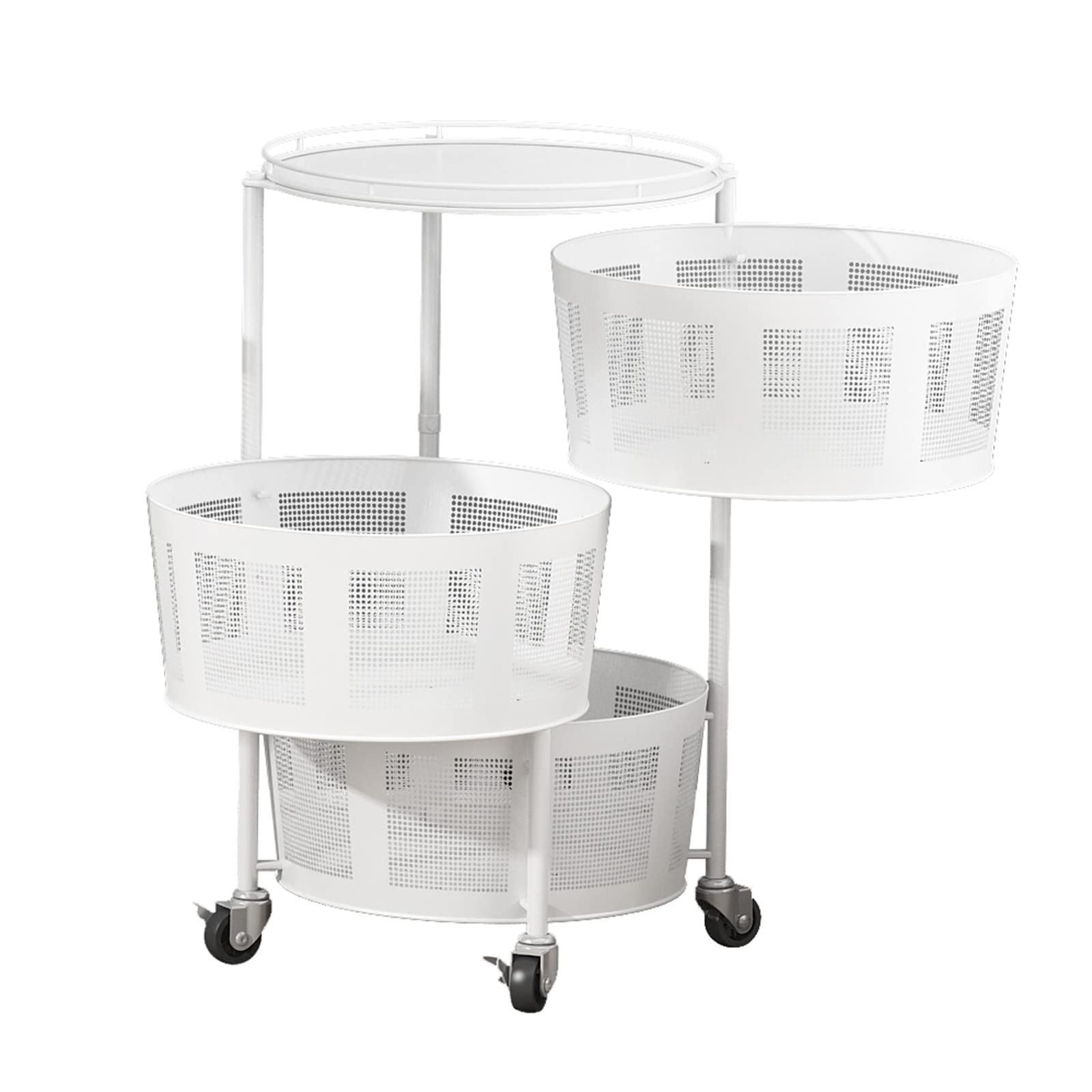 3-Tier Rotating Storage Rack with Wheels - Round Kitchen Organizer Shelf for Vegetables, Fruits & Household Items - Space-Saving Floor Standing Storage Basket for Kitchen, Living Room & Bathroom - White - Perfect for Small Spaces & Clutter-Free Organization
