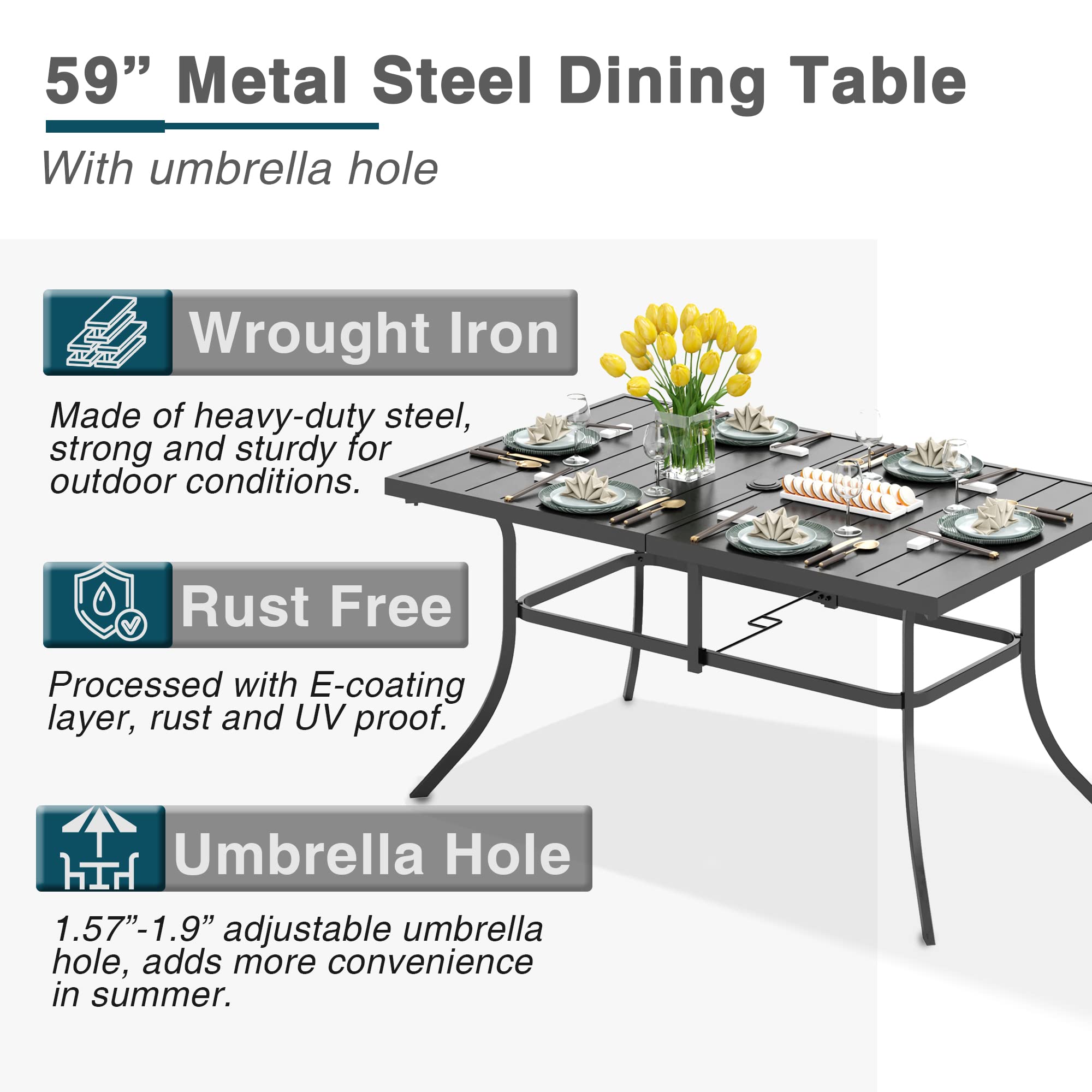 PHI VILLA 6-Piece Outdoor Dining Set - Modern Patio Table with Umbrella Hole & 6 Wrought Iron Swivel Chairs - Durable Metal Furniture for Backyard, Garden, Bistro - Perfect for Al Fresco Dining & Outdoor Entertaining