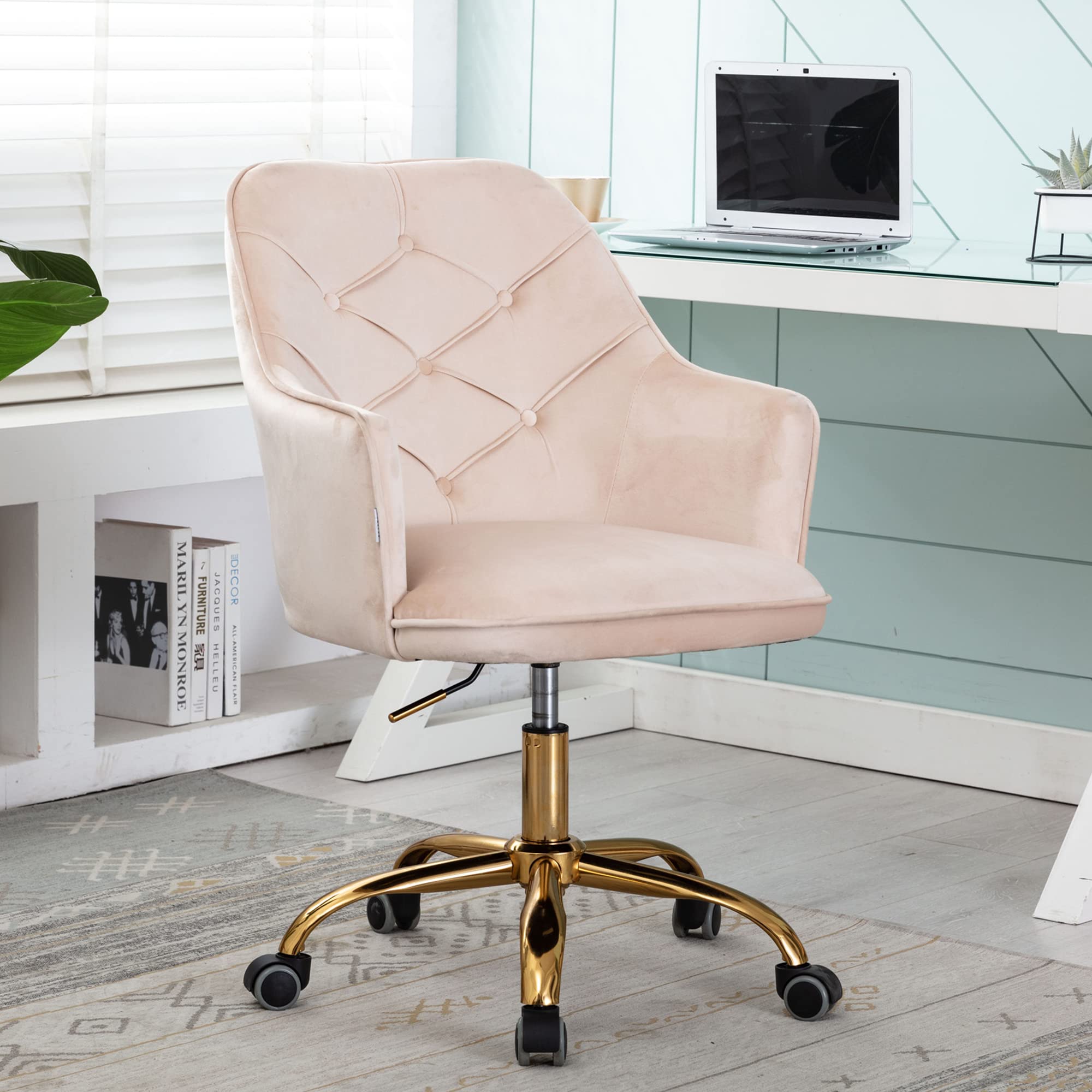 Pvillez Modern Velvet Swivel Office Chair - Ergonomic Tufted Desk Chair for Women & Girls, Comfortable Computer Task Chair with Gold Base for Home, Bedroom, Living Room & Vanity - Perfect for Work, Study & Relaxation (Beige)