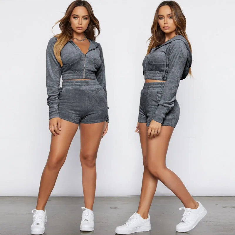Velvet Tracksuit for Women - Sporty 2 Piece Set with Hooded Zip Jersey & Shorts | 2024 Fashion Streetwear | Gym, Lounge & Casual Outfit
