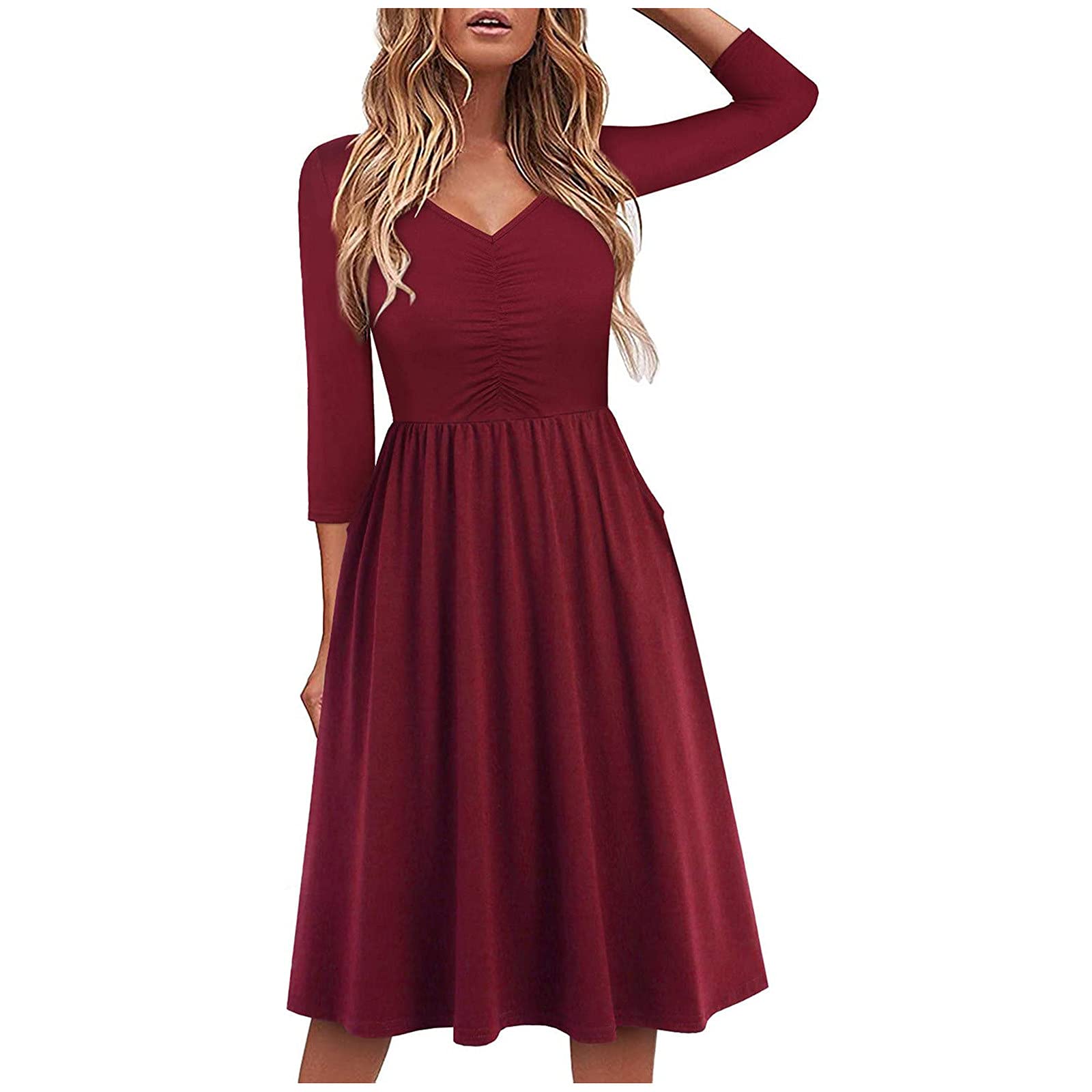 2022 Fall Dresses for Women - Casual 3/4 Sleeve V-Neck Midi Dress with Pockets & Pleats, Knee-Length Floral Print Wedding Guest Dress | Perfect for Office, Date Night & Autumn Events