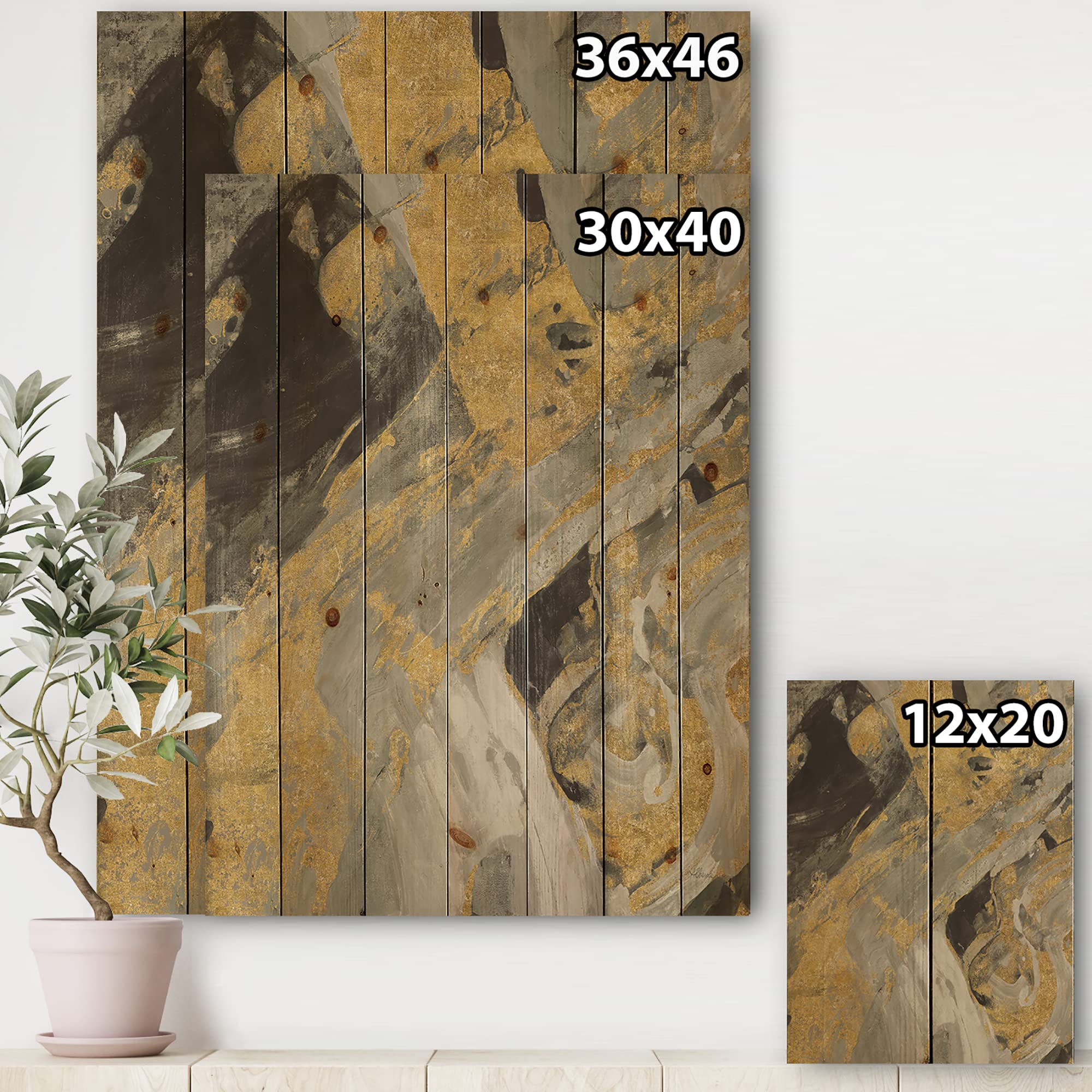 DesignQ Modern Marble Gold & Black Wood Wall Art - Large Abstract Wood Wall Panels Printed on Natural Pine - Contemporary Home Decor for Living Room, Bedroom, Office