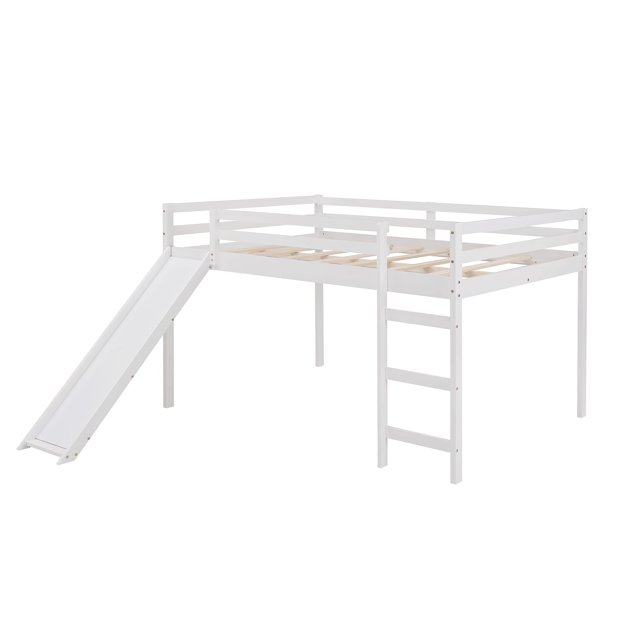 SOFTSEA Full Size Low Loft Bed with Slide & Built-in Ladder - Sturdy Wooden Bunk Bed for Kids, Boys & Girls (White) - Perfect for Small Bedrooms, Playrooms & Dorm Rooms
