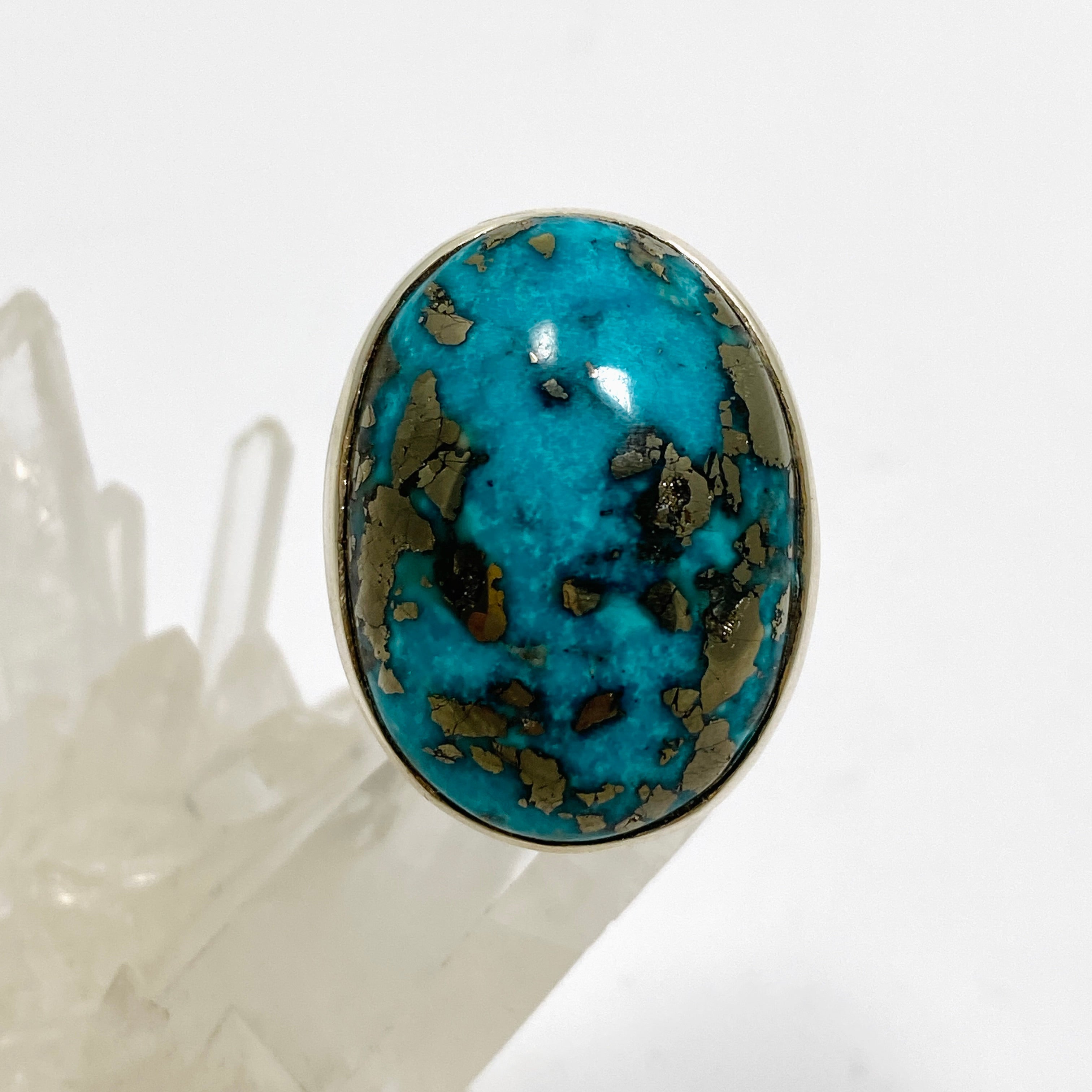 Natural Persian Turquoise with Pyrite Oval Cabochon Ring - Size 9 - Handmade Iranian Jewelry - Perfect for Boho Fashion & Gift Giving