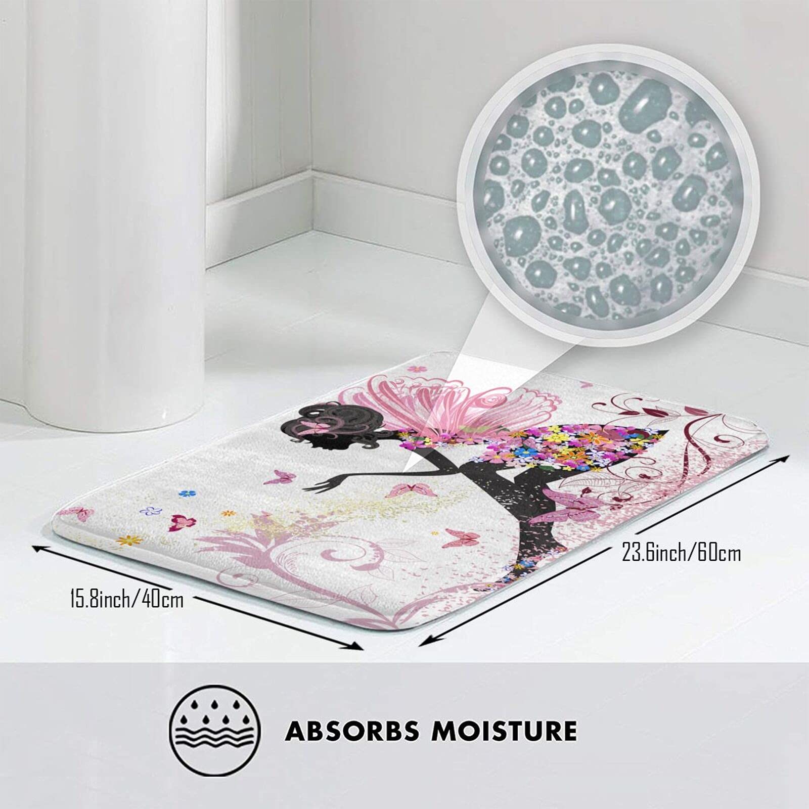 Fairy Butterfly Bath Mat - Soft Plush Non-Slip Absorbent Shower Rug for Bathroom Floor, Washable Bathroom Decor - Perfect for Kids' Bathroom, Nursery, and Kitchen Sink Area