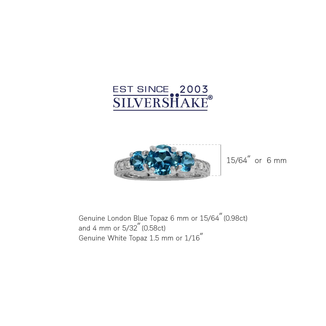 1.56ct Genuine London Blue & White Topaz 3 Stone Sterling Silver Ring - Size 6 | Elegant Wedding, Engagement & Anniversary Jewelry Gift for Women