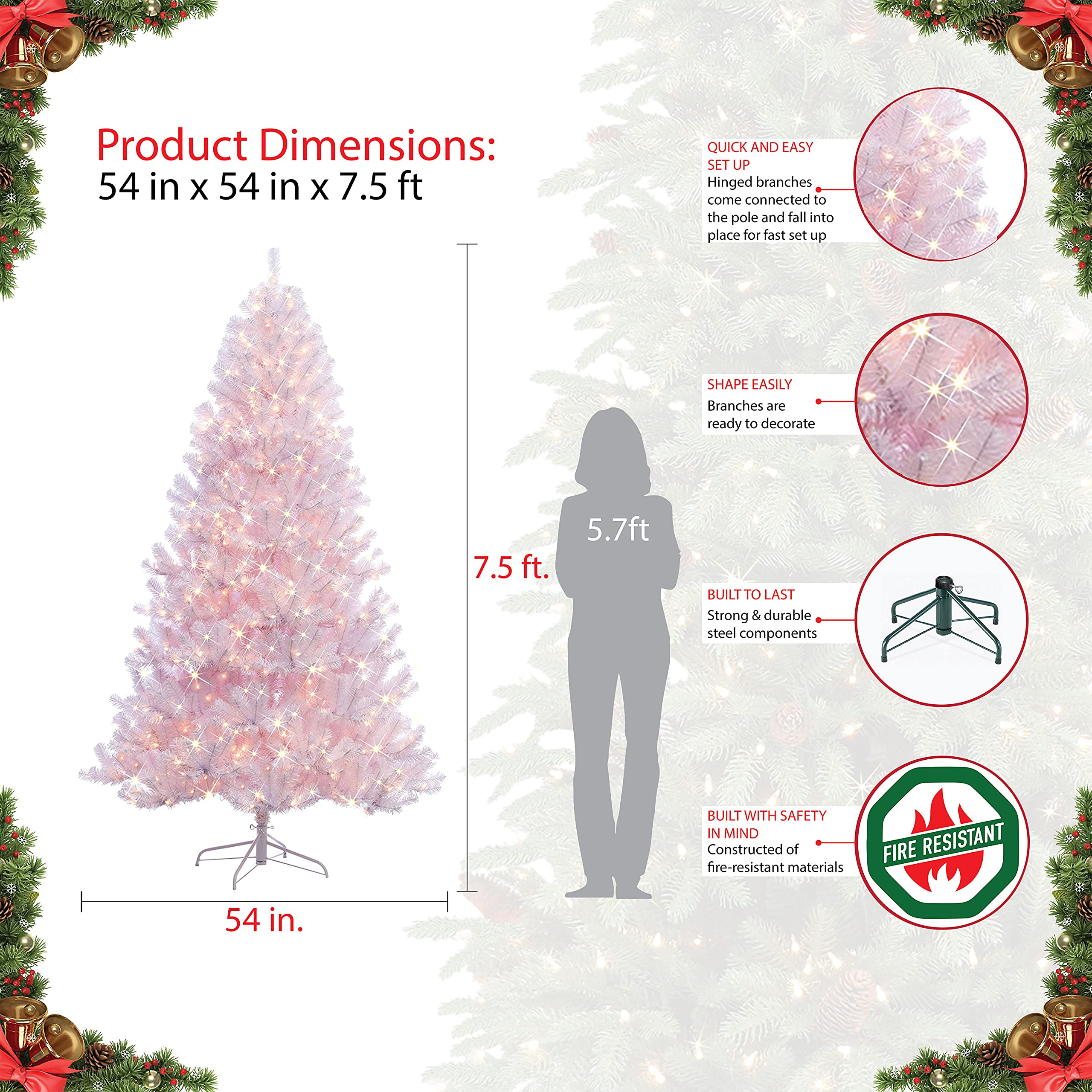 Puleo International 7.5ft Pre-Lit Artificial Christmas Tree - Northern Fir White with 500 UL Certified Clear Lights for Holiday Home Decor & Party Decoration