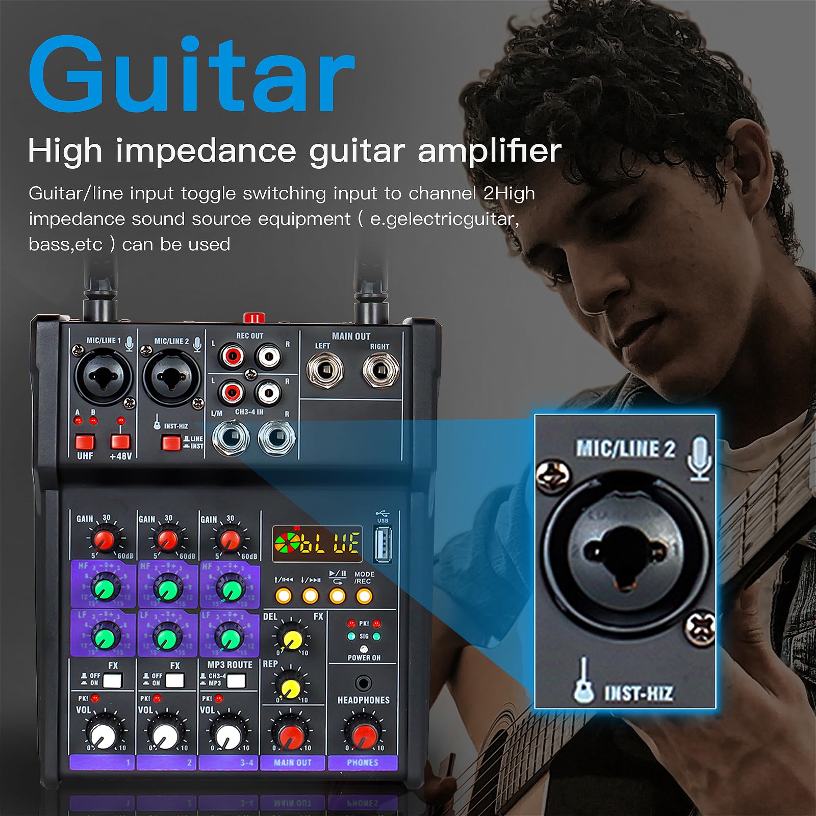 4 Channel DJ Audio Mixer with Bluetooth, USB & 48V Phantom Power - Dual Wireless Microphone Sound Board for Home Karaoke, Studio Recording & Live Performances | Perfect for DJs, Musicians & Podcasters