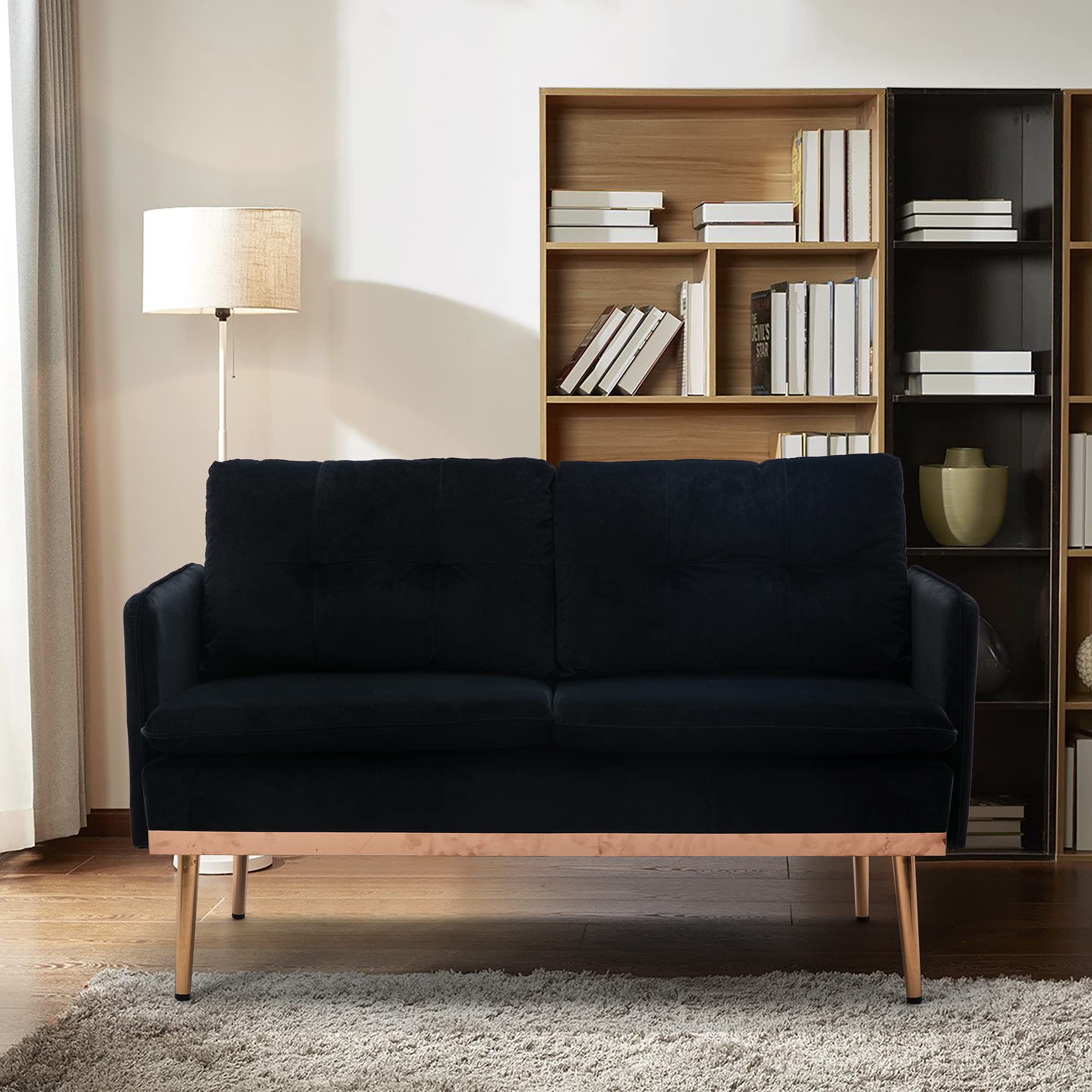 Luxury Velvet Accent Loveseat Sofa with Double Seat Cushion & Gold Iron Legs - Modern Small Couch for Living Room, Bedroom, Office - 700 lbs Weight Capacity - Black - Perfect for Apartments, Dorms & Cozy Spaces
