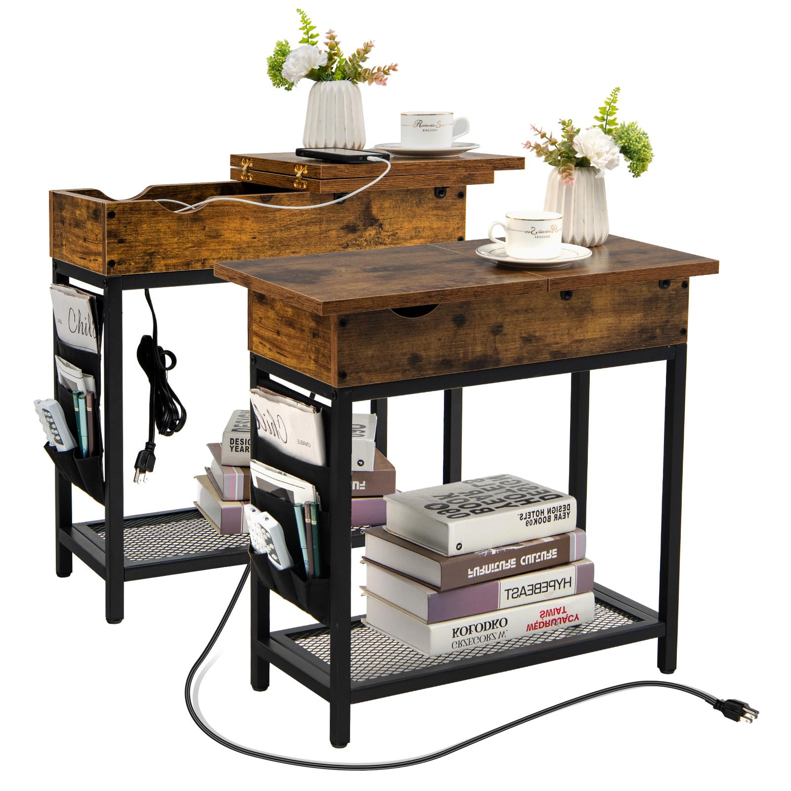 POWERSTONE 2-Piece Side Table Set with Charging Station & USB Ports - Flip Top End Table, Rustic Nightstand with Shelf & Fabric Bags - Narrow Bedside Table for Living Room, Bedroom - Perfect for Small Spaces & Device Charging