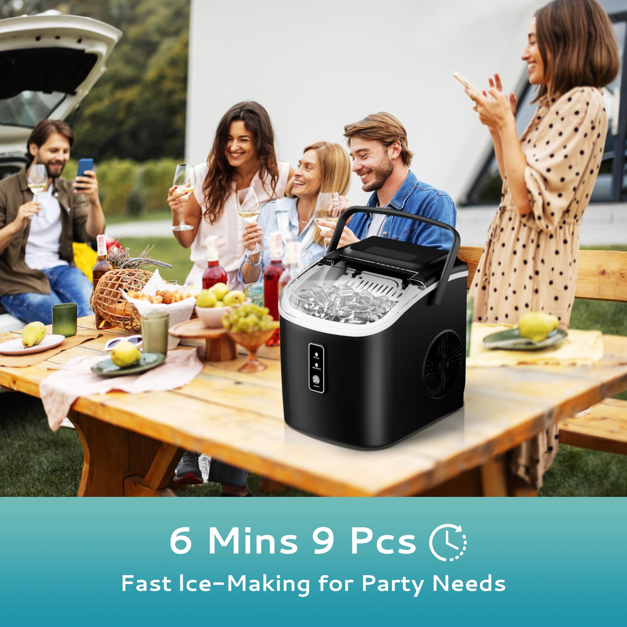 EUHOMY 26.5lbs/Day Portable Ice Maker Machine - Countertop Ice Maker with Auto-Cleaning, 9 Cubes in 6 Minutes, Includes Basket & Scoop - Perfect for Home Kitchen, Camping, RV & Outdoor Activities (Black)