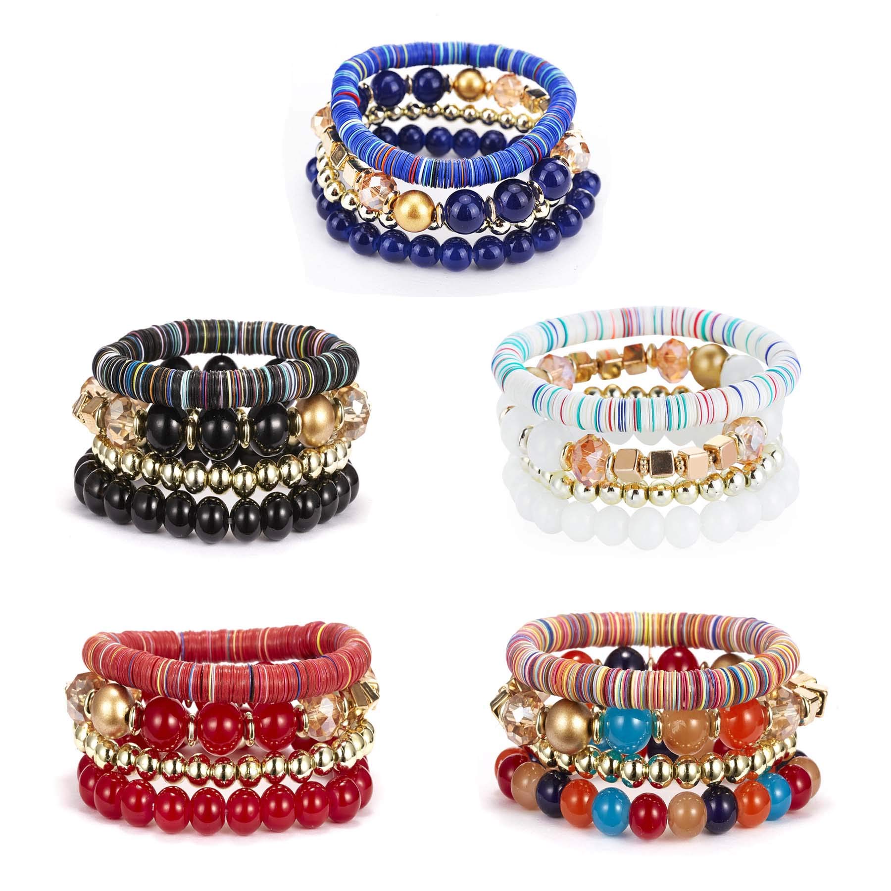 Boho Bracelets for Women - 5 Sets Multilayer Stackable Crystal Beaded Stretch Bracelets, Sparkly Beaded Jewelry Set for Casual Wear, Parties & Gift Giving