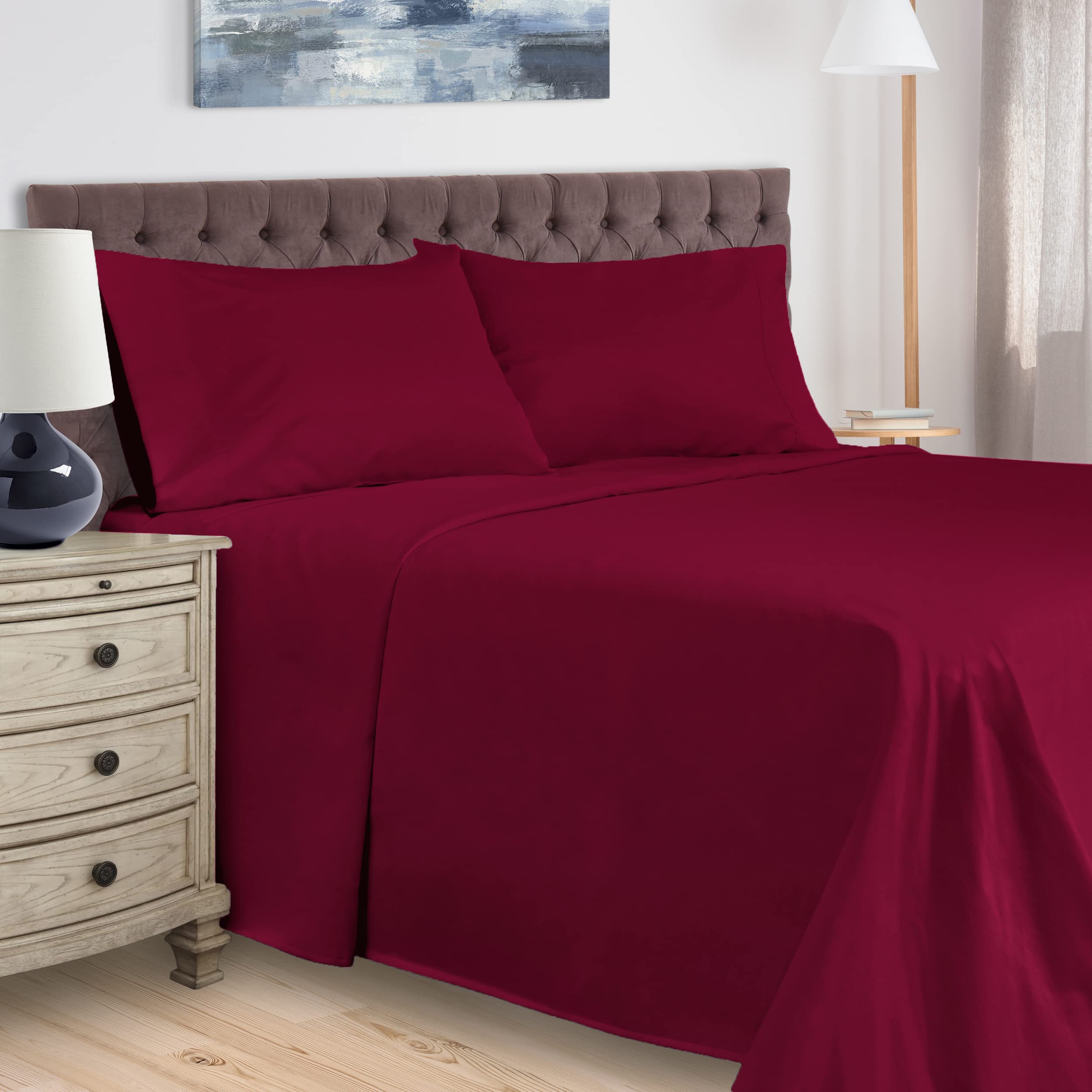 Premium 400 Thread Count Egyptian Cotton Bed Sheet Set - 1 Deep Pocket Fitted Sheet, 1 Flat Sheet & 2 Pillowcases - Ultra Soft Luxury Sateen Weave Bedding - Olympic Queen Size Burgundy - Perfect for Master Bedrooms, Guest Rooms & Luxury Hotels