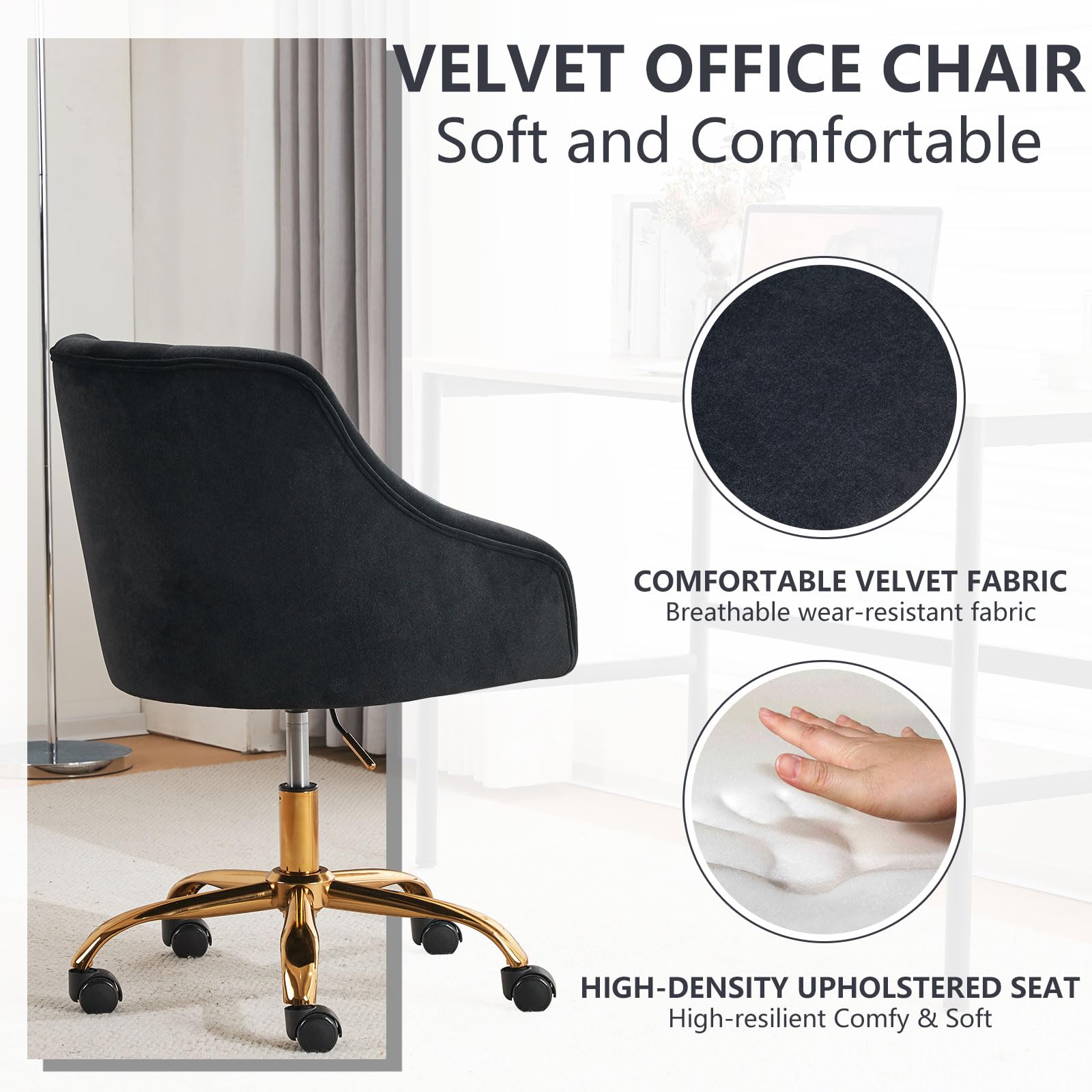 MOJAY Velvet Office Swivel Chair - Adjustable Height 360° Rotating Desk Chair with Gold Base, Luxurious Fabric Upholstery for Women's Workspace, Reception Area or Home Office (Black) - Perfect for Working, Studying & Video Conferencing