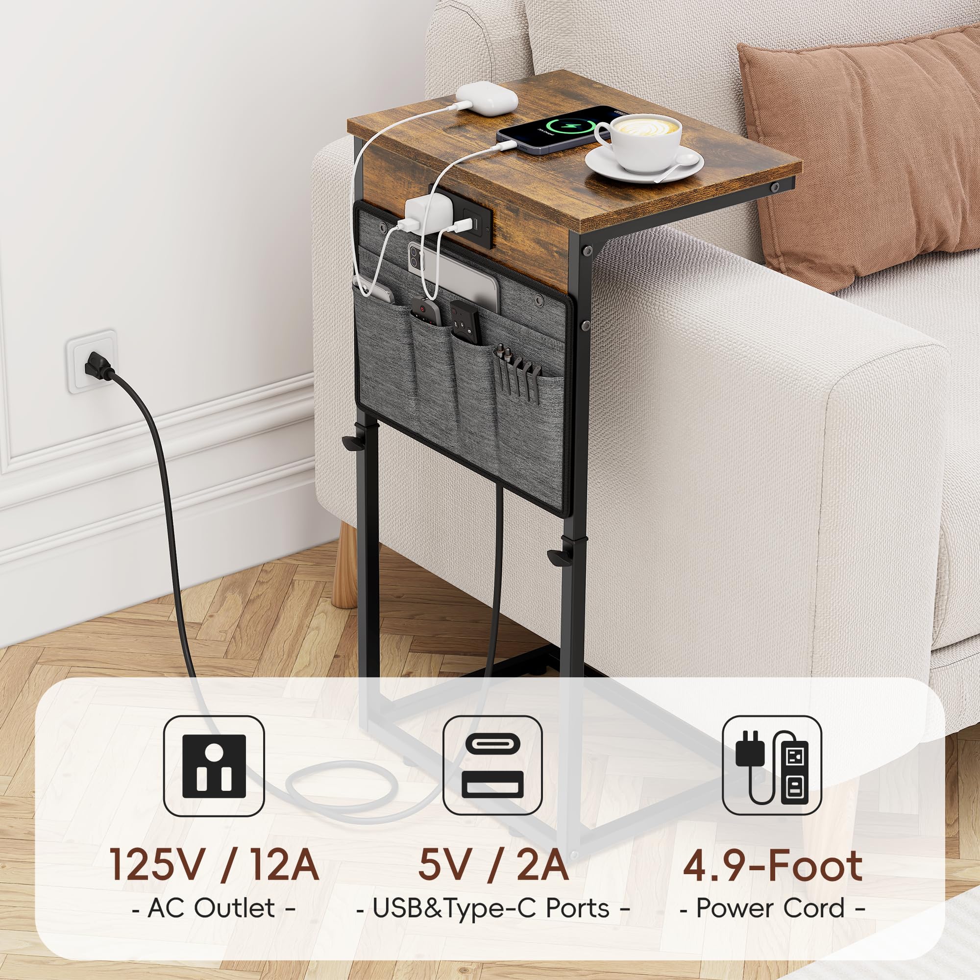 Vagusicc Adjustable Height C-Shaped End Table with USB Charging Station - 33