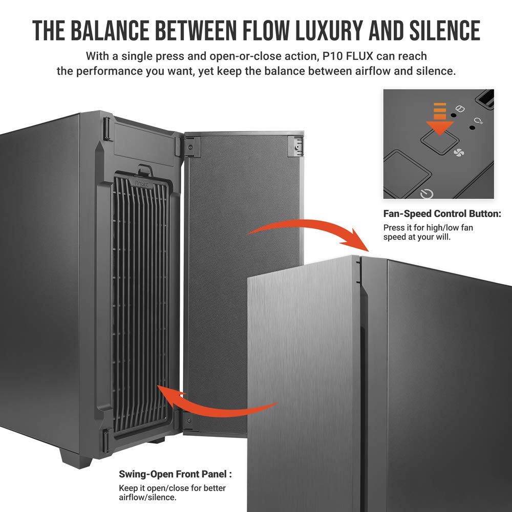 Antec P10 FLUX Mid-Tower PC Case - Silent Gaming Case with 5 x 120mm Fans, Reversible Front Panel & Air-Concentrating Filter - Ideal for Quiet Gaming Rigs & Home Office Workstations