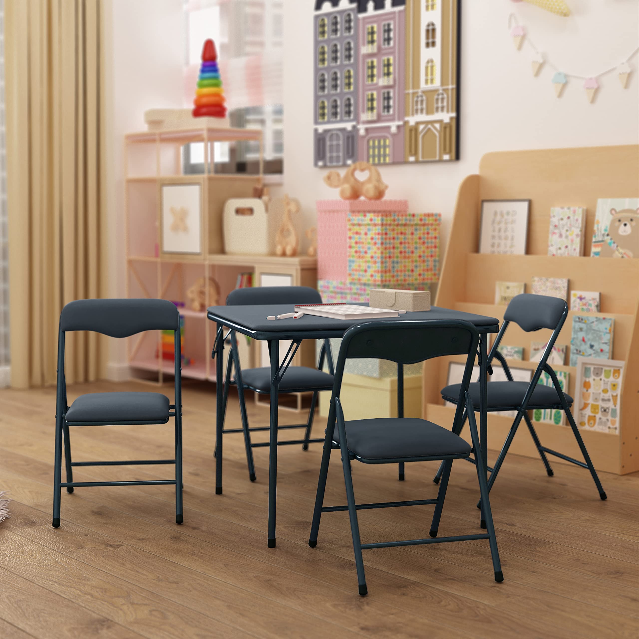 HBCY Creations 5-Piece Kids Folding Table and Chairs Set - Navy Blue - Lightweight Portable Children's Furniture with Safety Lock - Perfect for Playroom, Preschool, and Birthday Parties