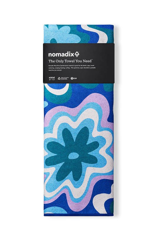 Nomadix Original Towel - Quick Dry, Lightweight & Absorbent Travel Beach Towel with Groovy Blue Green Flower Design | Perfect for Pool, Yoga, Gym & Outdoor Adventures