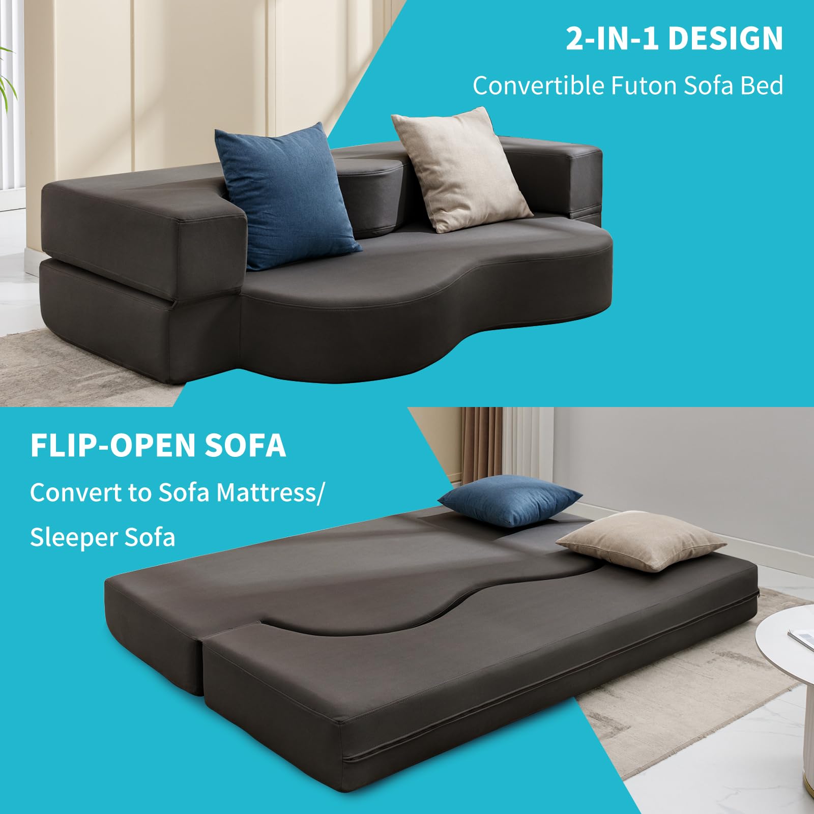 Full Size Floor Sofa Bed - Foldable Futon with Memory Foam for Small Spaces | Living Room & Guest Bed