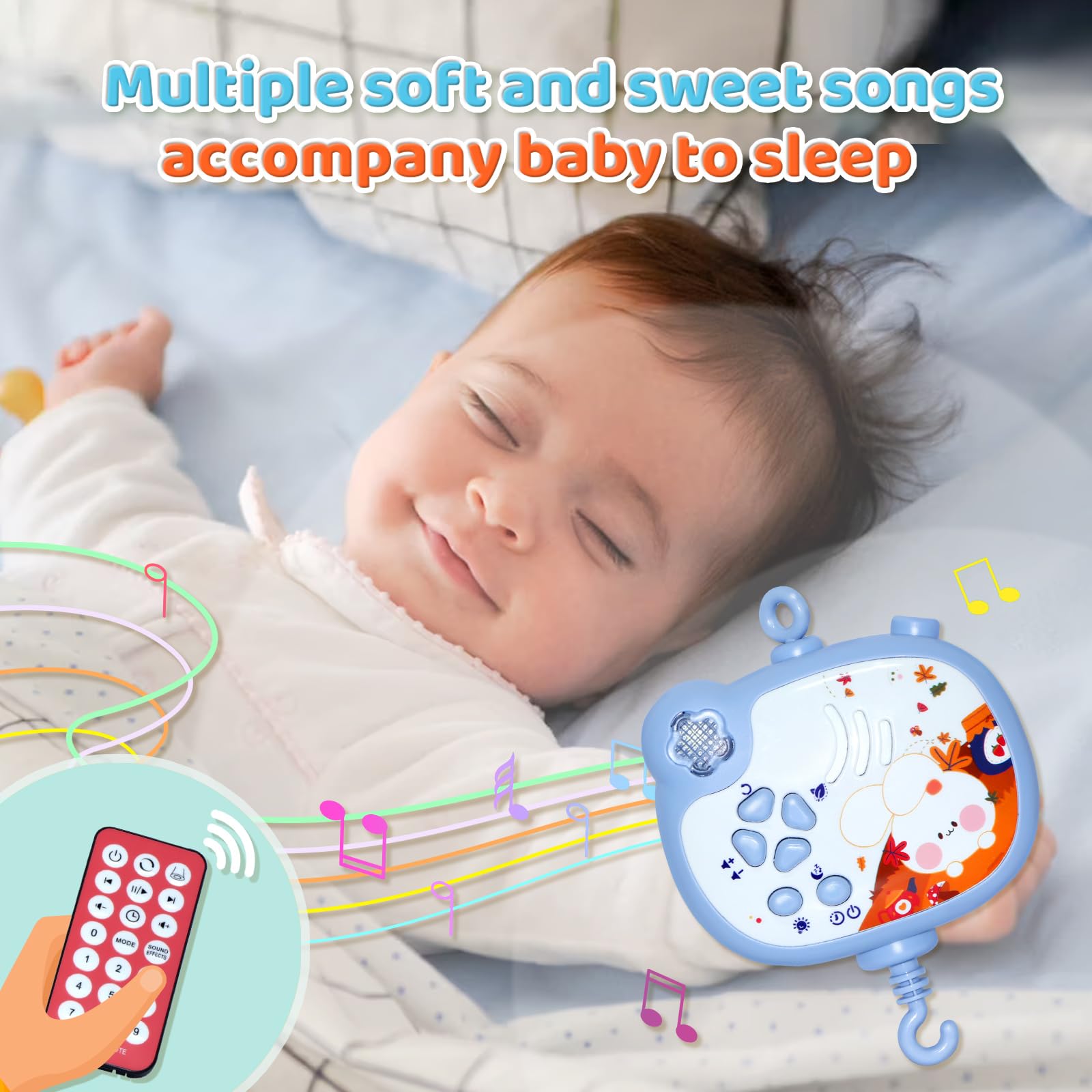 Baby Crib Mobile with Music, Night Lights, Rotation & Remote Control - Projection Crib Toys for Newborns, Infants, Boys & Girls - Perfect for Nursery Decor & Bedtime Soothing (Blue)