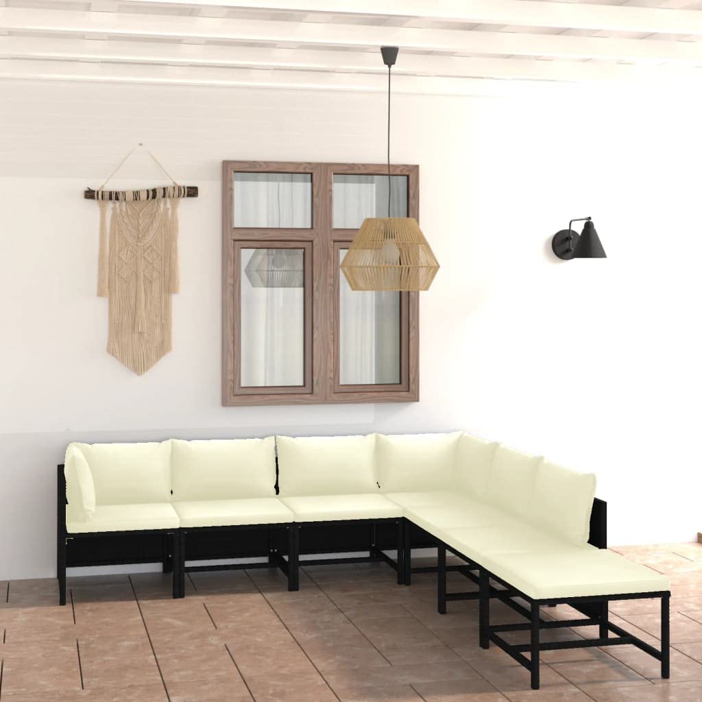 7-Piece Patio Lounge Set with Cushions & Footstool - Modern Farmhouse Style Black Poly Rattan Outdoor Sectional Sofa for Backyard, Garden, and Poolside Relaxation