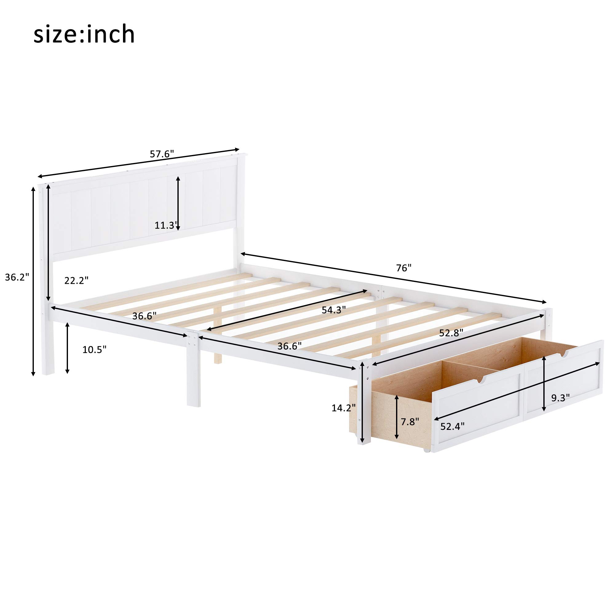 Rhomtree Wood Bed Frame with Storage Drawers - Platform Bed for Small Spaces, Easy Assembly (White, Full) - Perfect for Apartments & Guest Rooms