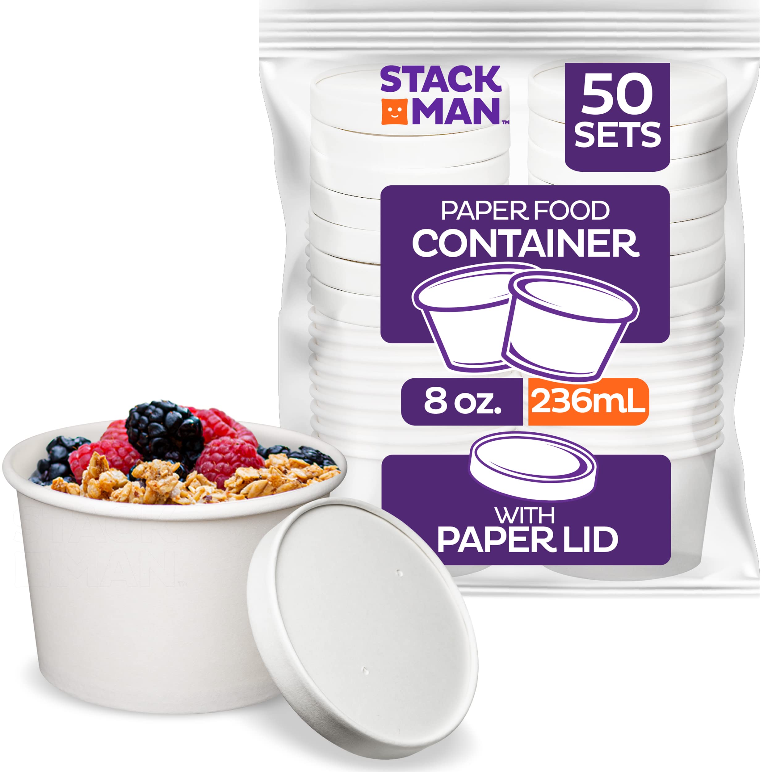 8 oz. - 50 Sets Insulated Paper Food Containers with Lids | Eco-Friendly Hot & Cold To-Go Soup, Ice Cream, Yogurt Cups | Perfect for Takeout, Catering, and Food Delivery Services