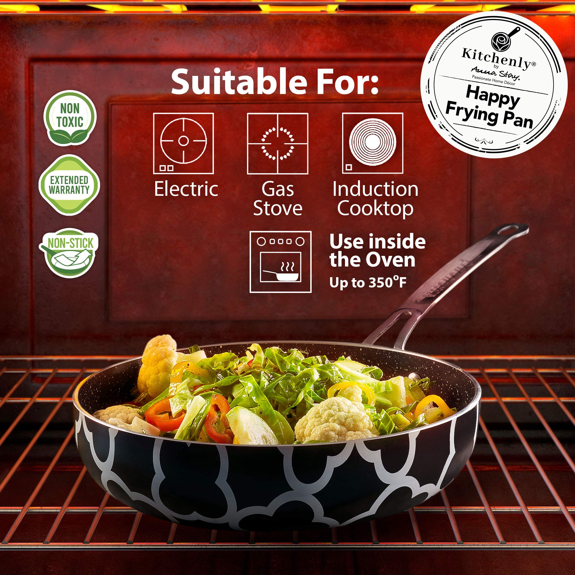Non-Stick Frying Pan 9.5 Inch - Induction Ready Hard Anodized Granite Coating Deep Skillet Wok with Ergonomic Handle for Stove, Oven Cooking & Baking - Perfect for Stir Fry, Sautéing, Pancakes & Family Meals