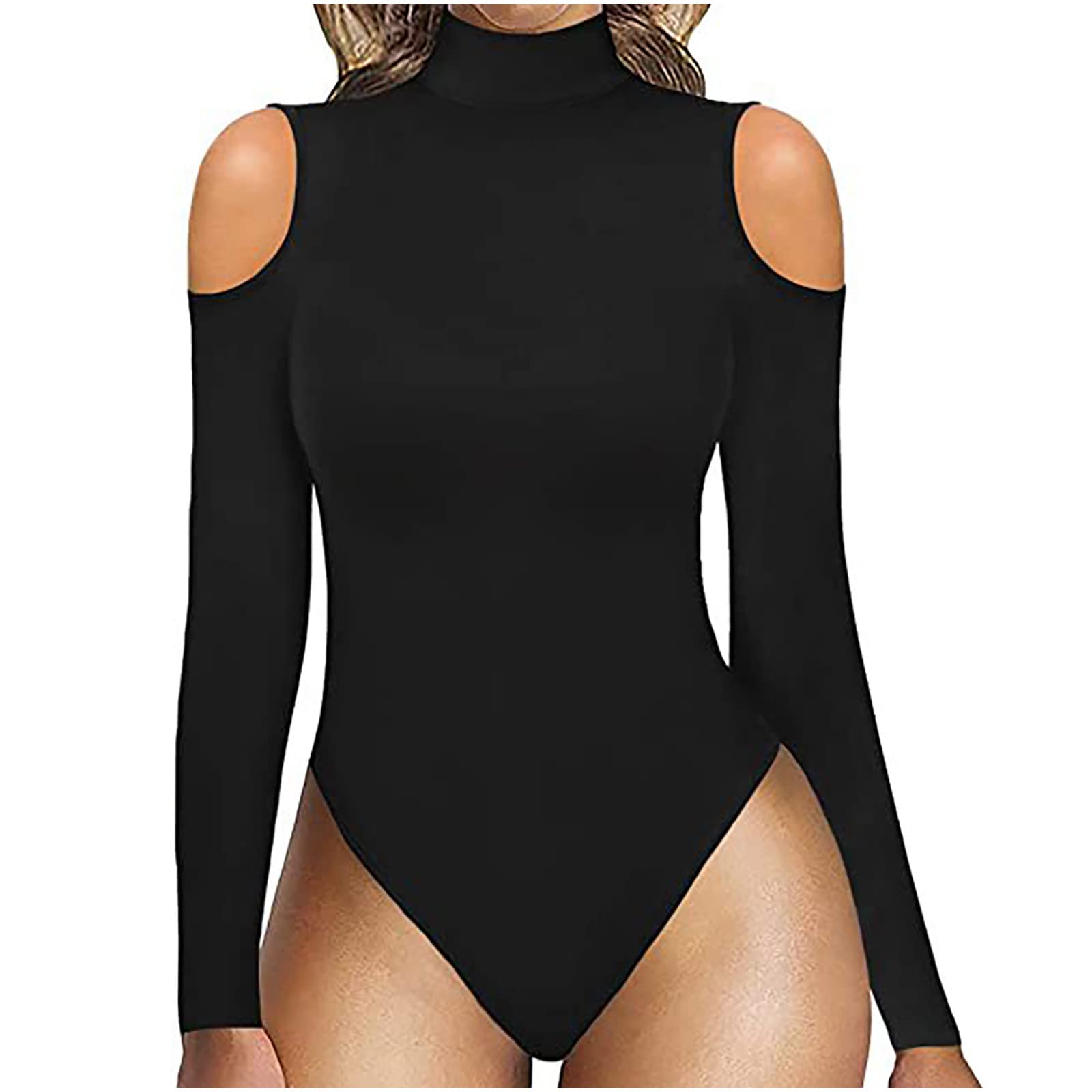 Yihaojia Women's Sexy Bodycon Long Sleeve Mock Neck Cold Shoulder Bodysuit Jumpsuit - Perfect for Date Night, Club Outfits & Casual Wear