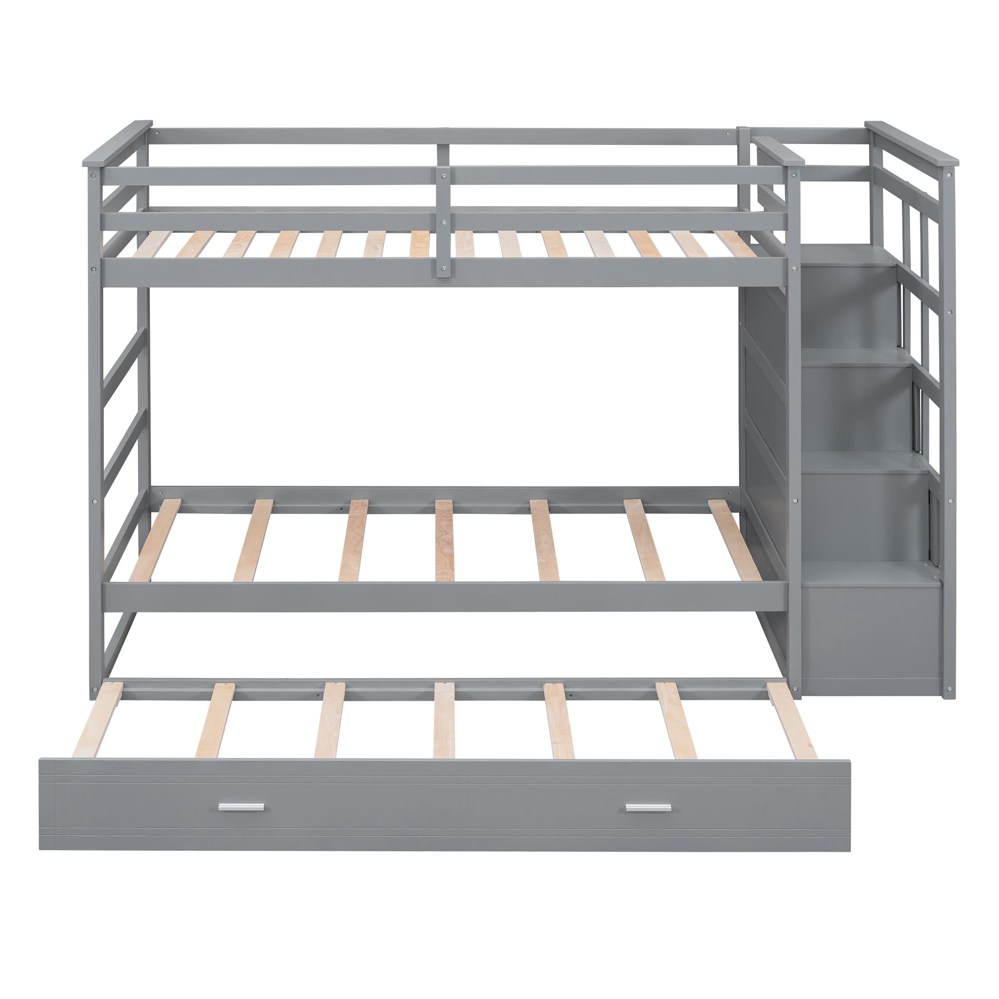 Harper & Bright Designs Twin Over Twin Wooden Bunk Beds with Trundle & Storage Drawers - Staircase Bunk Bed Frame with High Safety Guardrail for Kids, Teens & Adults (Grey) - Perfect for Small Bedrooms, Guest Rooms & Vacation Homes