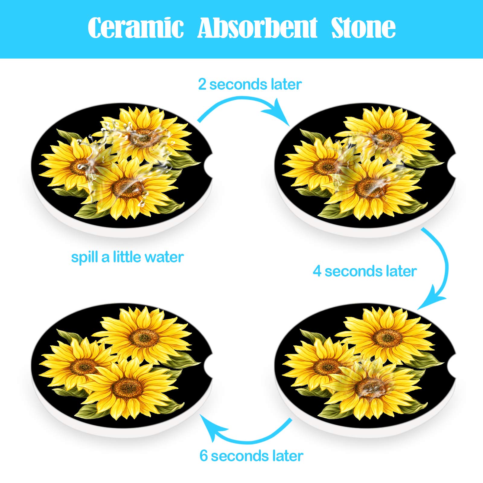 Stone Black Car Coasters - 2 Pack Absorbent Ceramic Cup Holder Coasters with Finger Notch & Easy Clean (Sunflower Design) | Perfect for Cars, Offices & Home Use