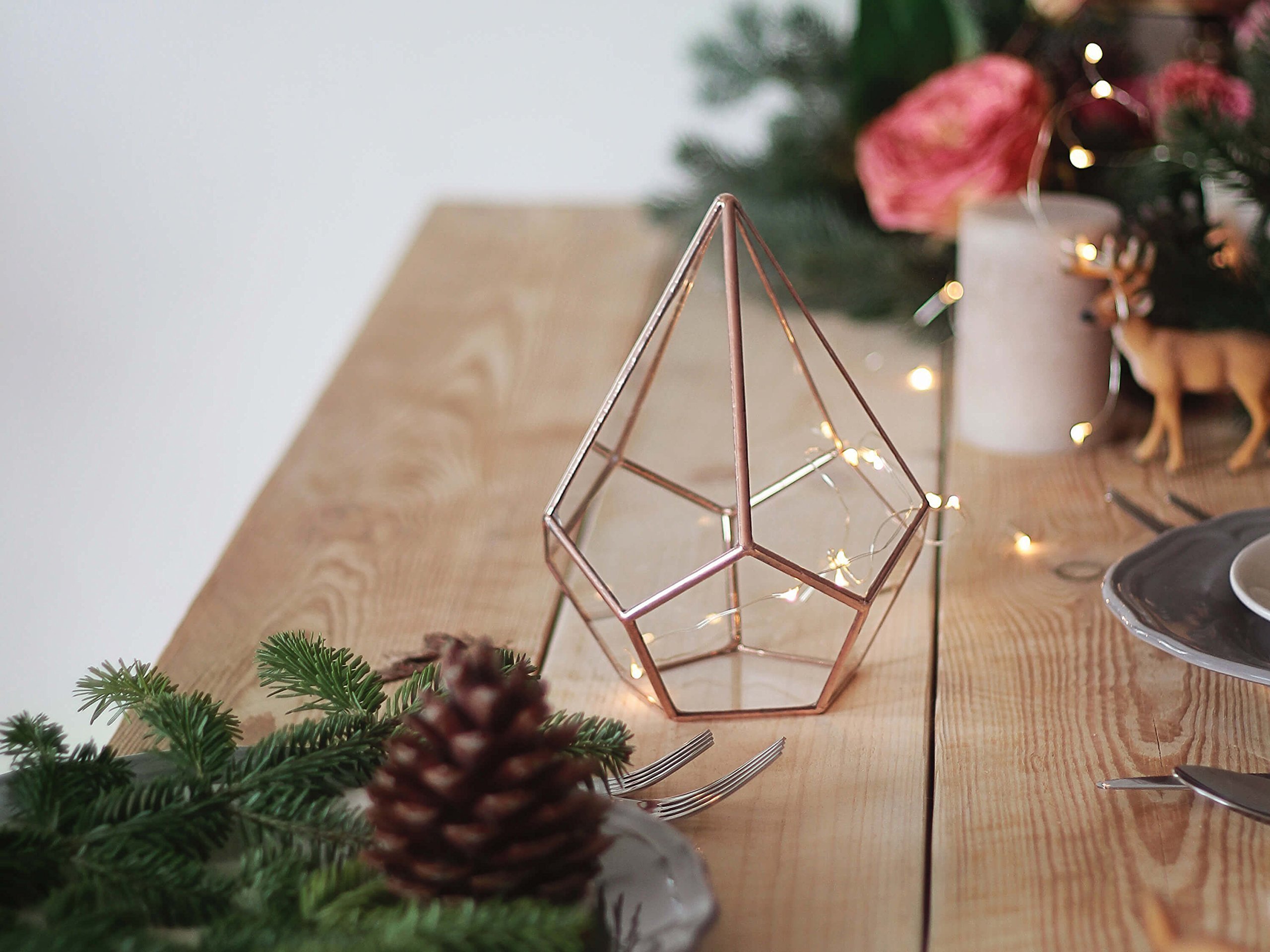 Elegant Small Glass Geometric Holiday Table Centerpiece - Teardrop Shape in Copper, Silver & Black | Perfect for Christmas, Thanksgiving & Wedding Decorations