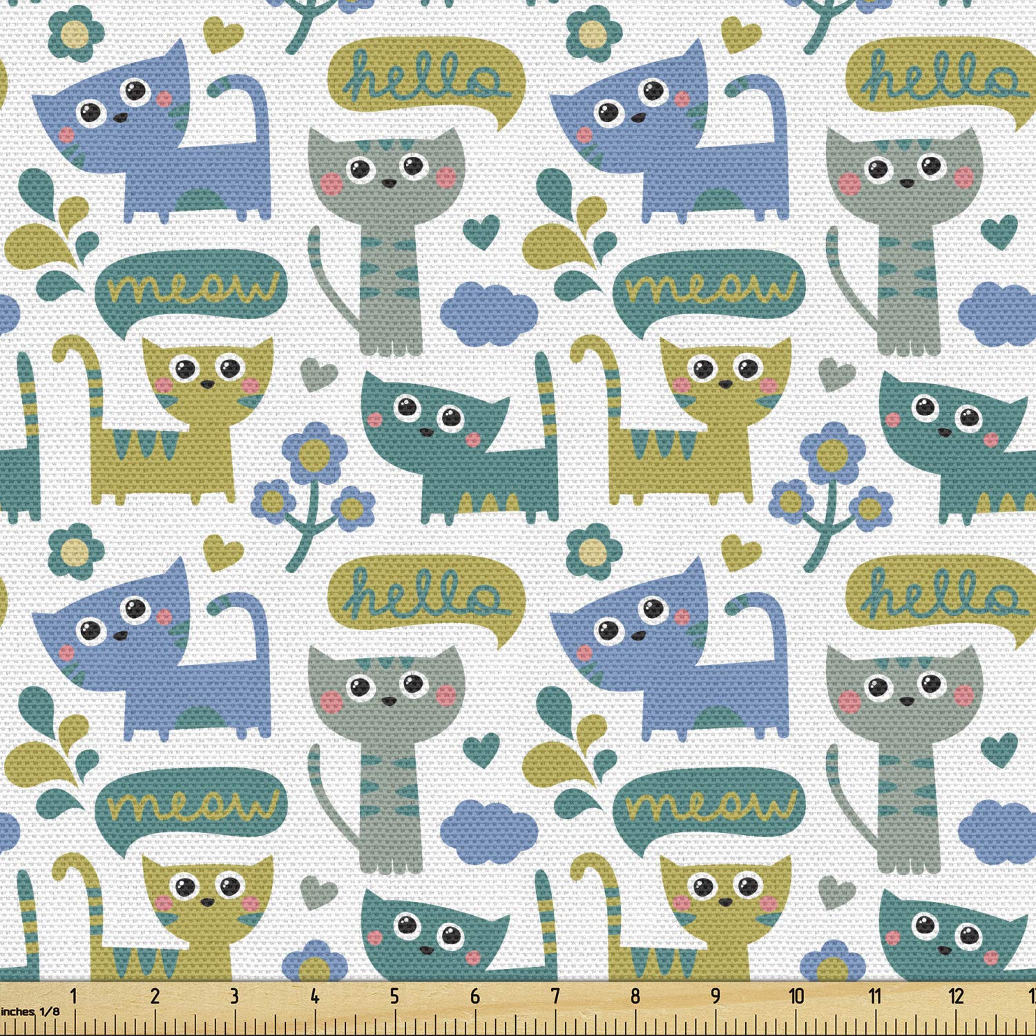 Ambesonne Cat Fabric by The Yard - Cartoon Kittens Saying Hello & Meow in Speech Bubbles with Flowers, Hearts & Clouds - Decorative Upholstery Fabric for DIY Home Decor, Curtains, Pillows & Crafts - 5 Yards Multicolor Cotton Fabric for Pet Lovers & Cat-Themed Room Decor