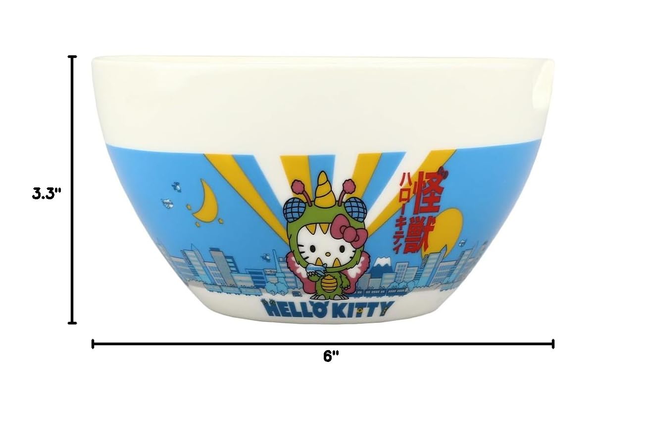 Hello Kitty Kaiju Ceramic 20 oz Ramen Bowl with Chopsticks - Cute Japanese Anime Themed Soup Noodle Bowl for Home Dining, Gift & Collectible - Perfect for Ramen, Udon, Pho & Asian Cuisine