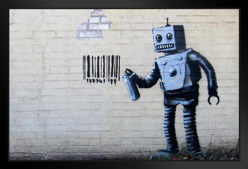 Banksy Robot Barcode Street Art Print - Modern Graffiti Wall Decor - Black Wood Framed Poster 20x14 - Perfect for Living Room, Bedroom & Office Decor