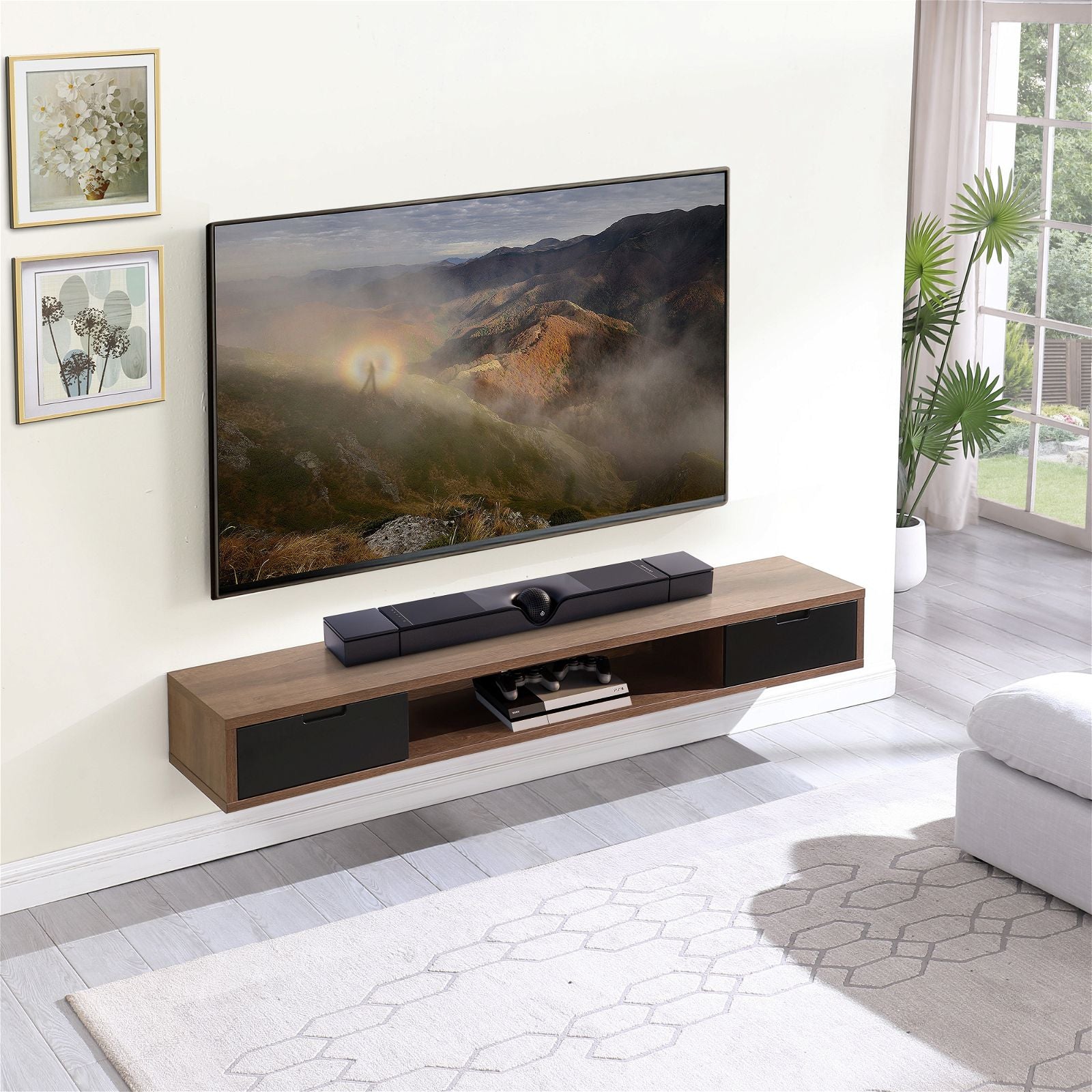 Criterion 2000mm Dark Oak Wall Mount TV Stand - Modern Air Entertainment Cabinet for Living Room, Bedroom & Home Theater