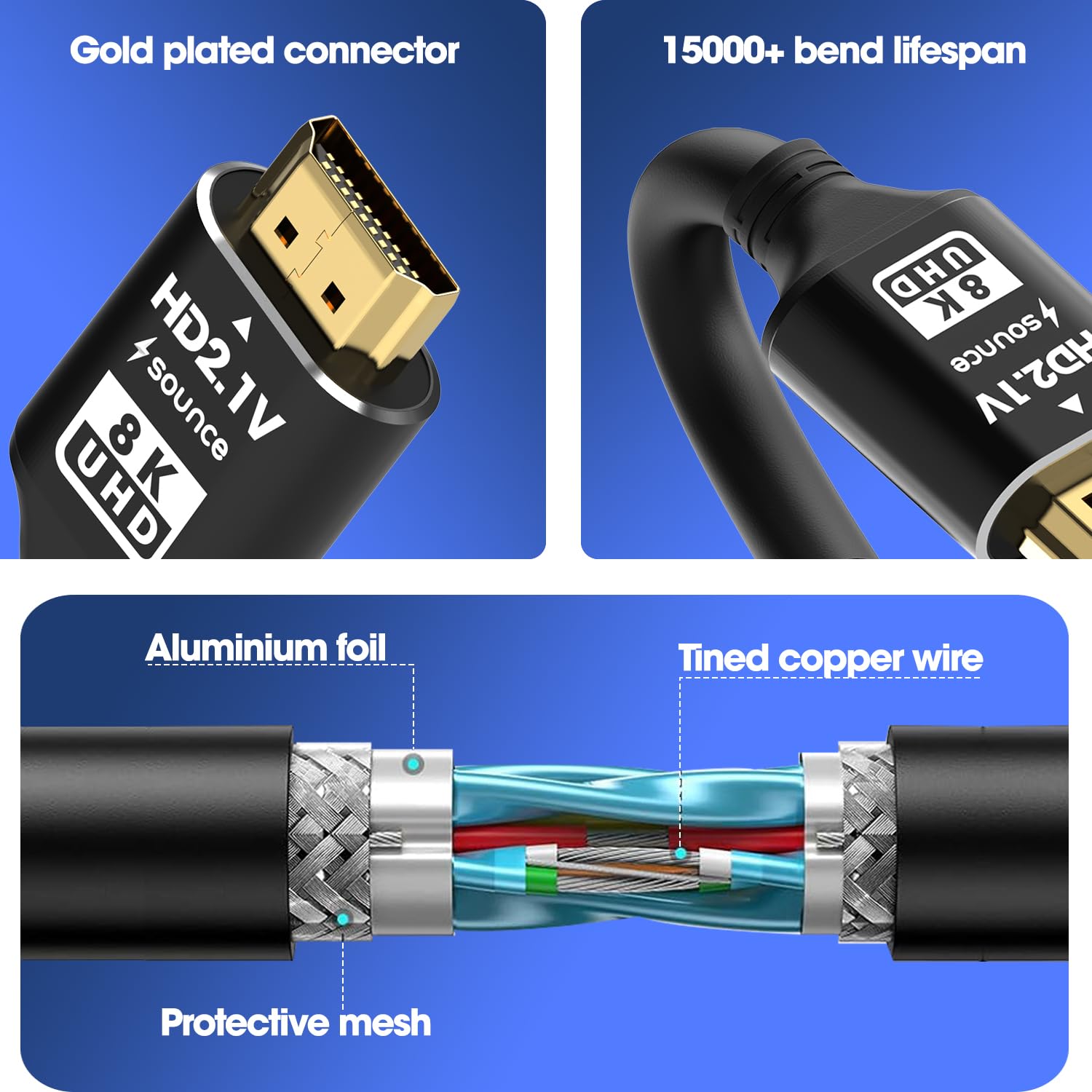 Sounce 8K HDMI 2.1 Cable 6FT - Ultra High Speed 48Gbps, 8K 60Hz HDR, 4K 120Hz, eARC, Ethernet, HDCP 2.3 - Compatible with PS5, Xbox Series X/S, Roku, Apple TV, Nintendo Switch, PC - Perfect for Gaming, Home Theater & 8K Streaming (Black, Pack of 1)