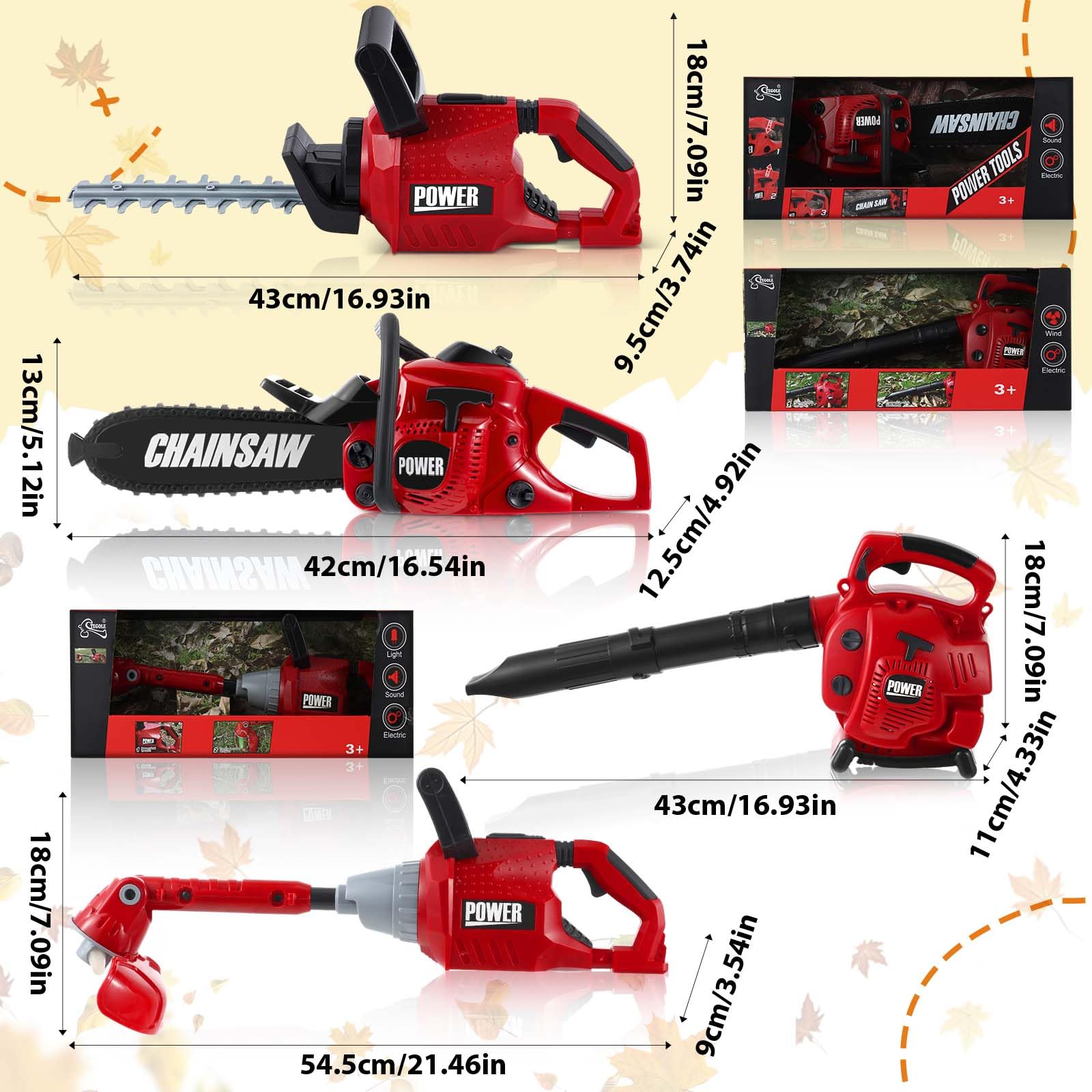 4-Piece Kids Gardening Tool Set - Toy Leaf Blower, Lawn Trimmer, Chainsaw & Lawn Cutter with Battery - Pretend Play Outdoor Toys for Boys & Girls - Perfect for Christmas Gifts, Birthday Parties & Backyard Fun