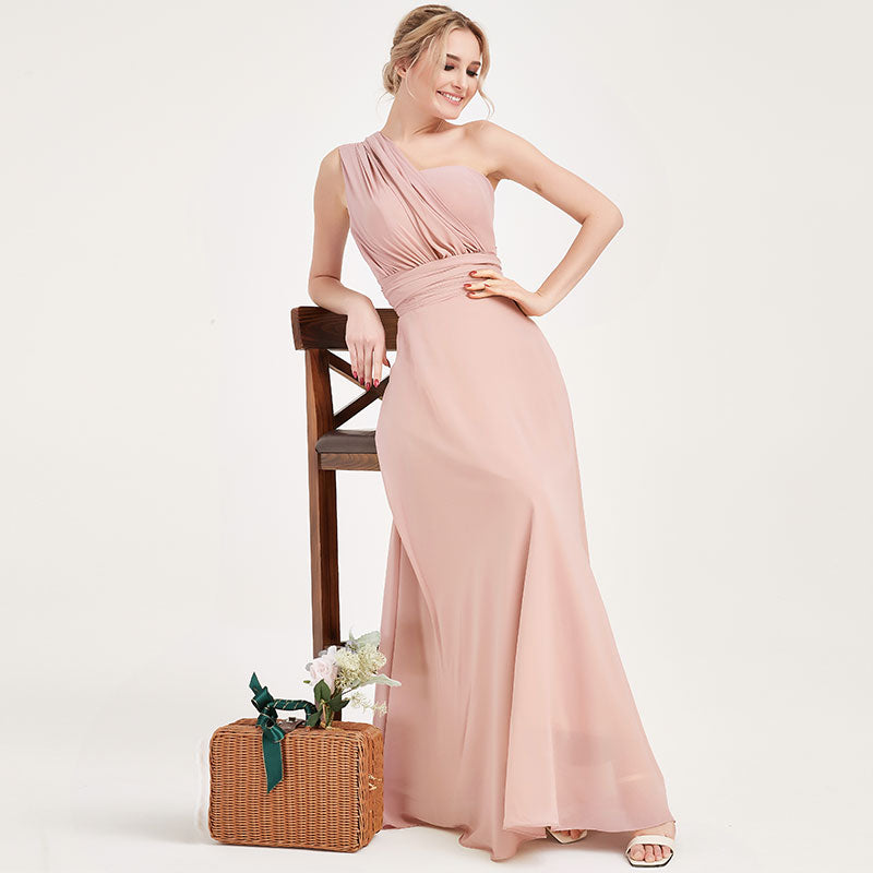Elegant Convertible Chiffon Bridesmaid Dress - Wrap Style Dusty Pink Maxi Gown for Weddings, Parties & Formal Events