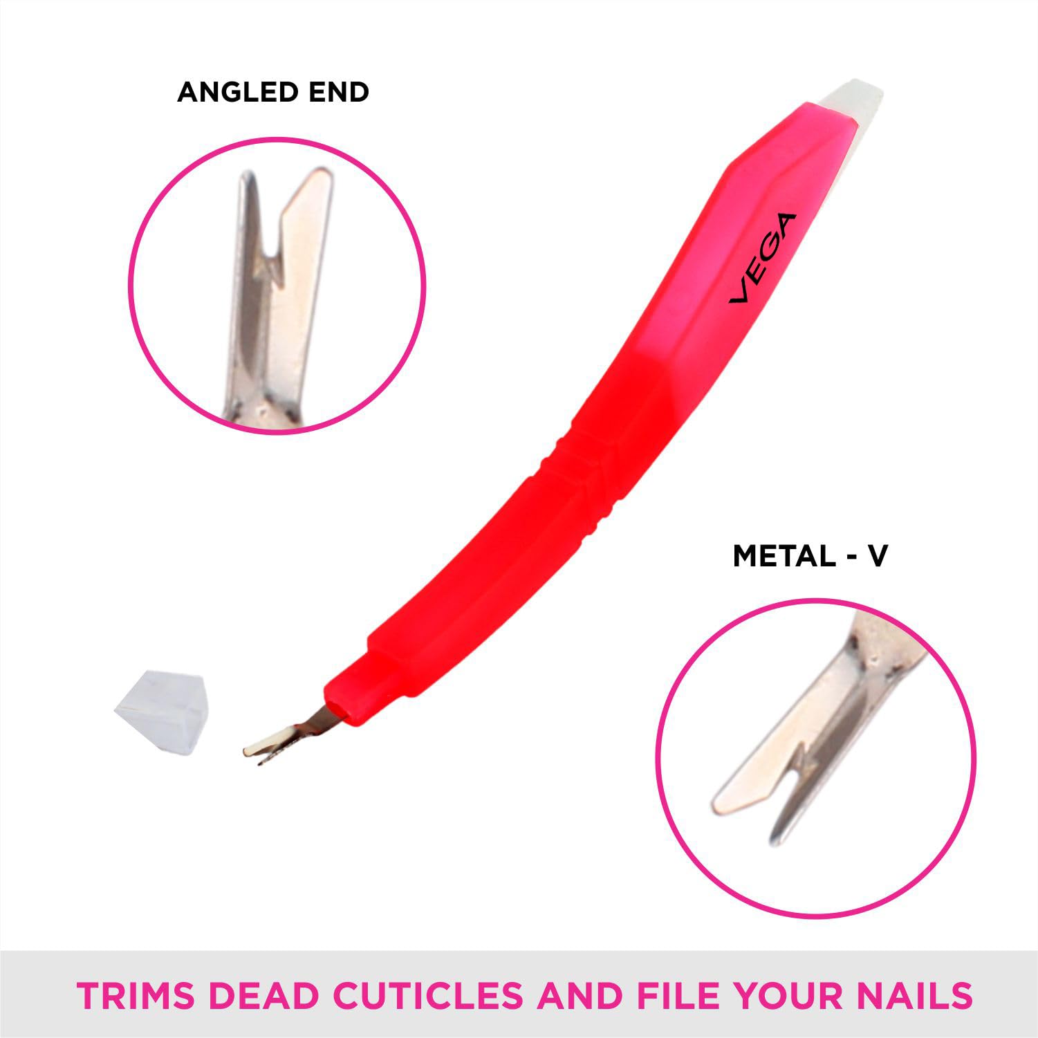 VEGA 2 in 1 Cuticle Trimmer & Nail File Set - Professional Manicure Tool with Stainless Steel Blades for Precise Grooming (Pink) - Perfect for Home Nail Care & Salon Use