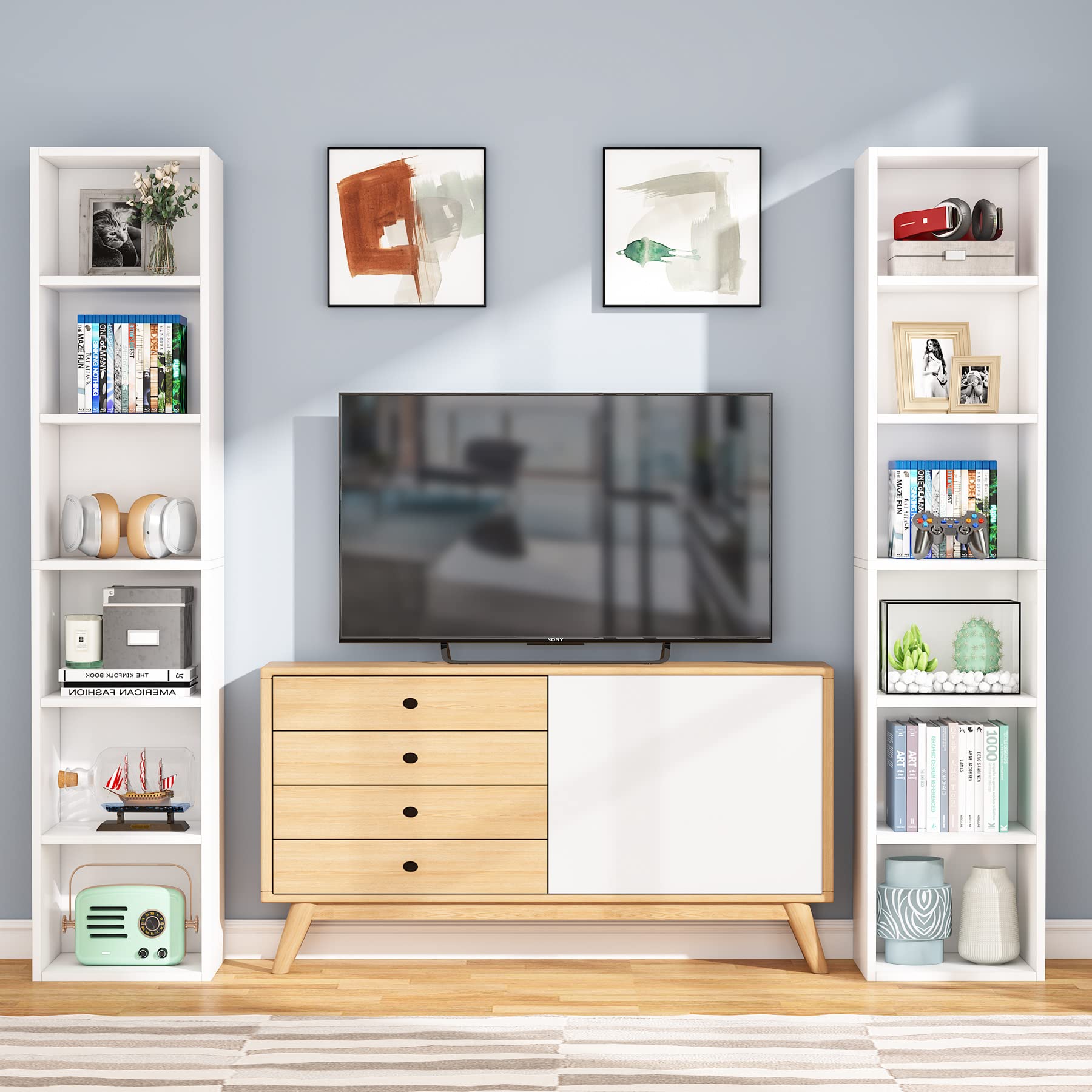 Tribesigns 70.9 Inch Tall Narrow Bookcase Set of 2, Modern White Corner Book Shelf with Storage, 6 Tier Cube Display Shelves for Home Office, Living Room & Bedroom - Space Saving Bookshelf for Small Spaces