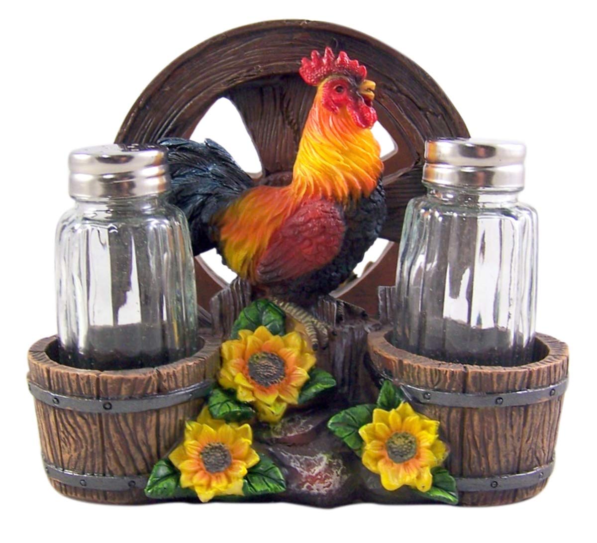DWK Country Diner Rooster Napkin & Spice Holder Set with Wagon Wheel & Sunflowers - 3-Piece Rustic Kitchen Decor for Farmhouse Dining Table (6