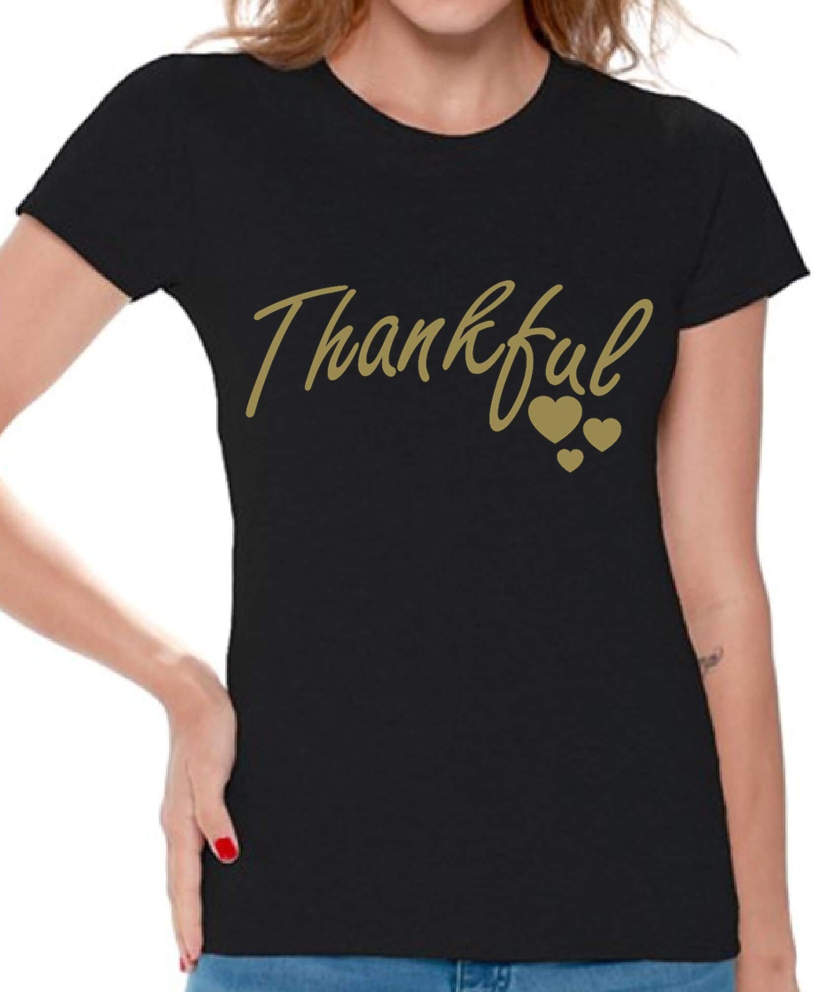 Thankful - Happy Thanksgiving Day T-Shirts for Women | Comfortable Holiday Apparel for Family Gatherings & Friendsgiving Parties