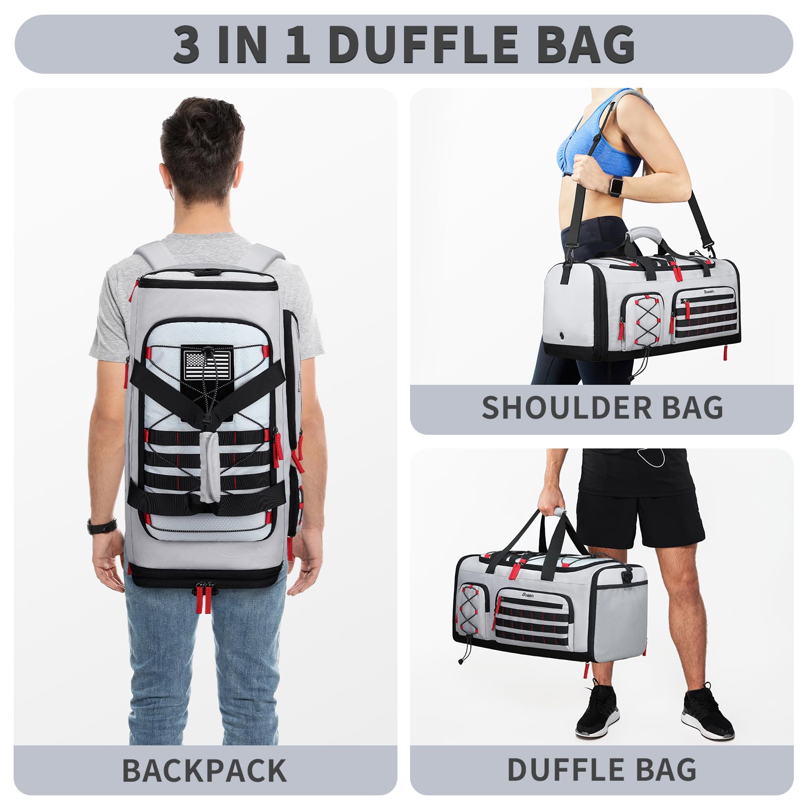 Bosstin 45L Gym Bag for Men & Women - Large Sports Duffel Bag with Shoe Compartment | Water-Resistant Travel Duffle & Weekender Overnight Backpack (Grey) - Perfect for Gym, Travel & Sports Activities