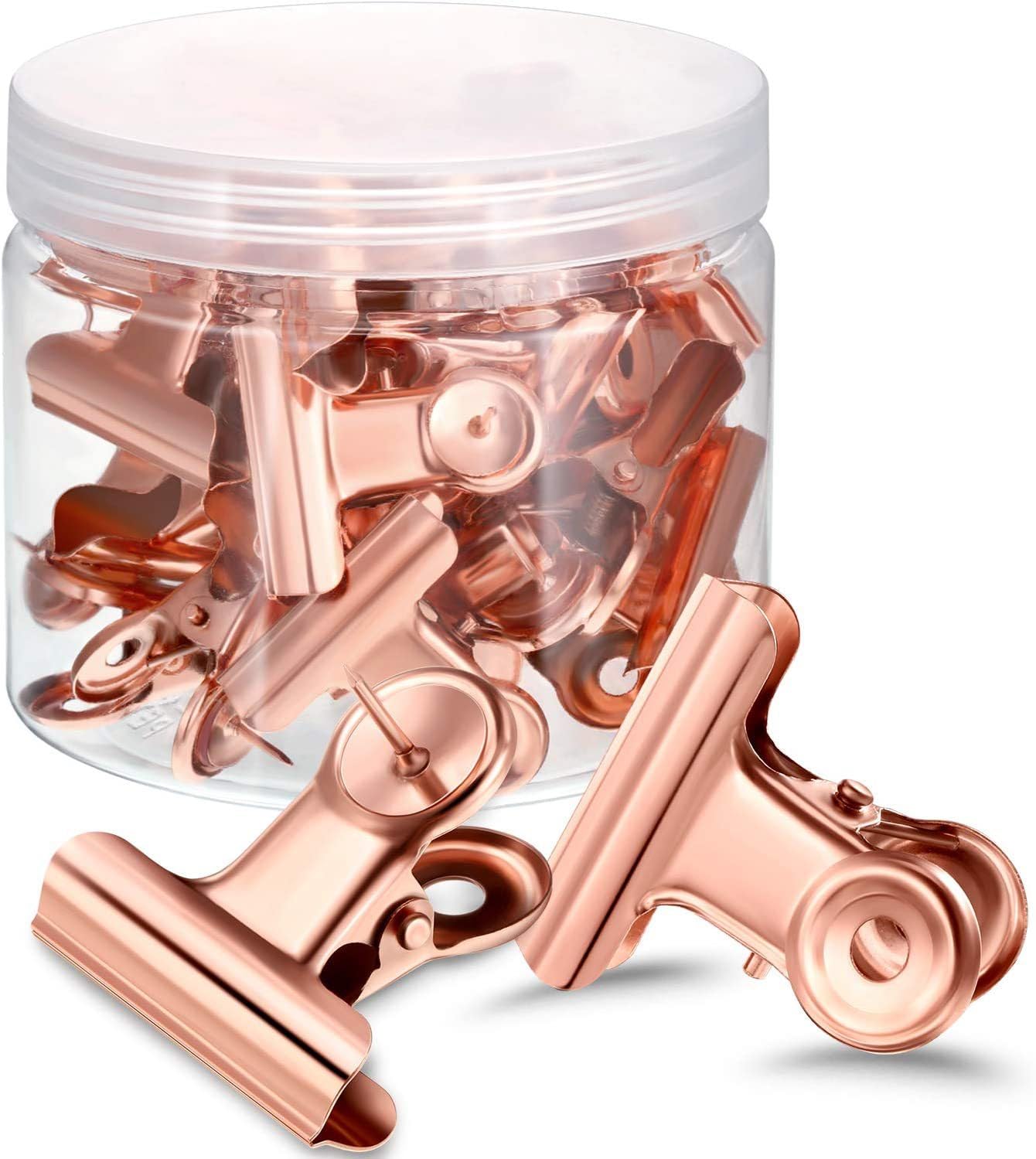 20 Pack Rose Gold Metal Clips (1.25 Inch) with Push Pins - Bulldog Clips for Hanging Pictures, Small Hinge Clips for Photos & Crafts, Mini Binder Clips for Paper Files - Perfect for Office, School, Bulletin Boards & DIY Projects