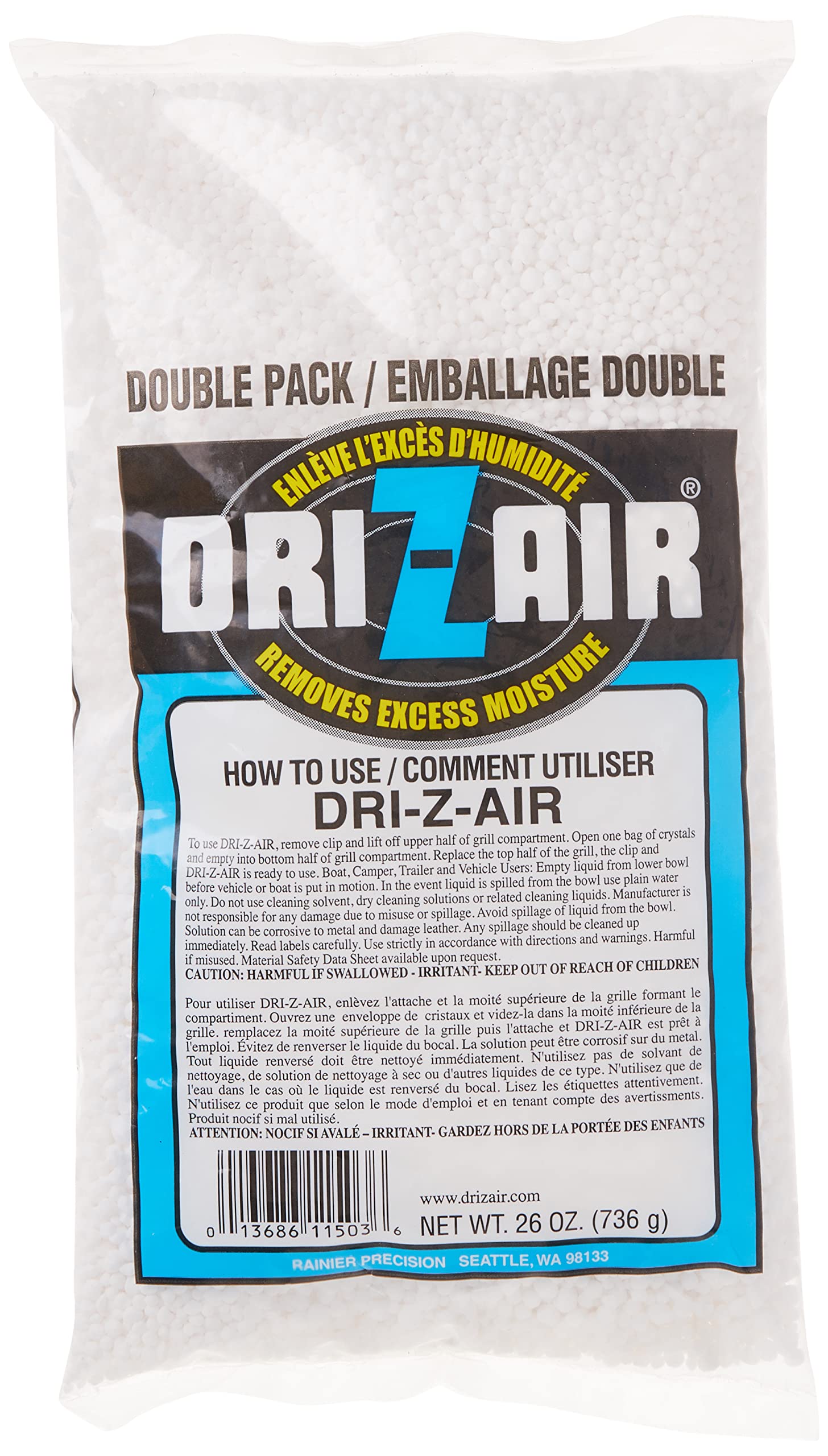 Dri-Z-Air DZA-60 60-Ounce Moisture Absorber Refill Crystals | Dri-Z-Air DZA-26 Dehumidifier Refill Pack | High-Efficiency Moisture Control for Closets, Basements & RVs