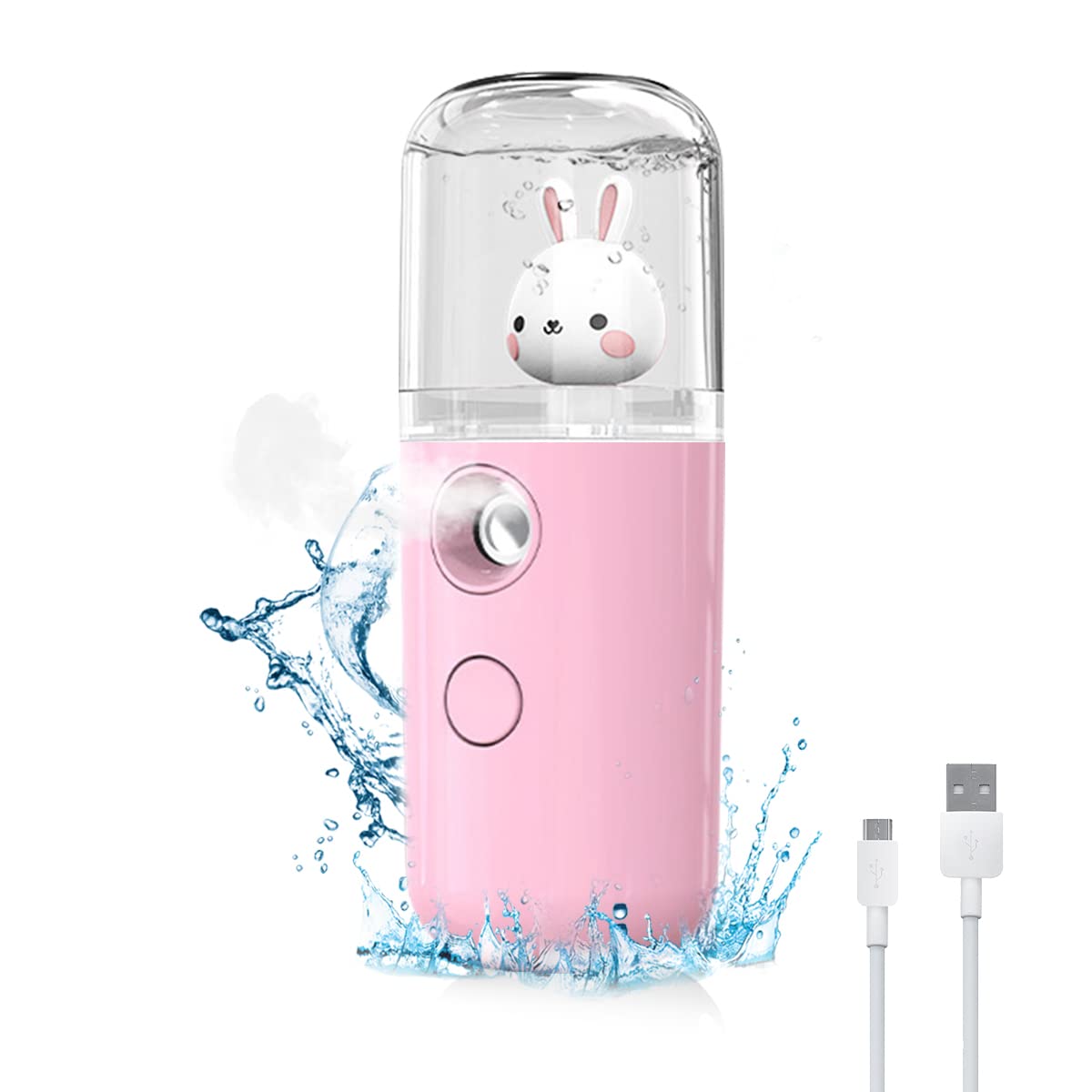 ELEPHANTBOAT® Pink Portable Nano Facial Mist Sprayer 30ml - USB Rechargeable Moisturizing Face Spray Machine with Cute Bunny Design for Skin Hydration & Beauty Care | Perfect for Travel, Office & Home Skincare Routine