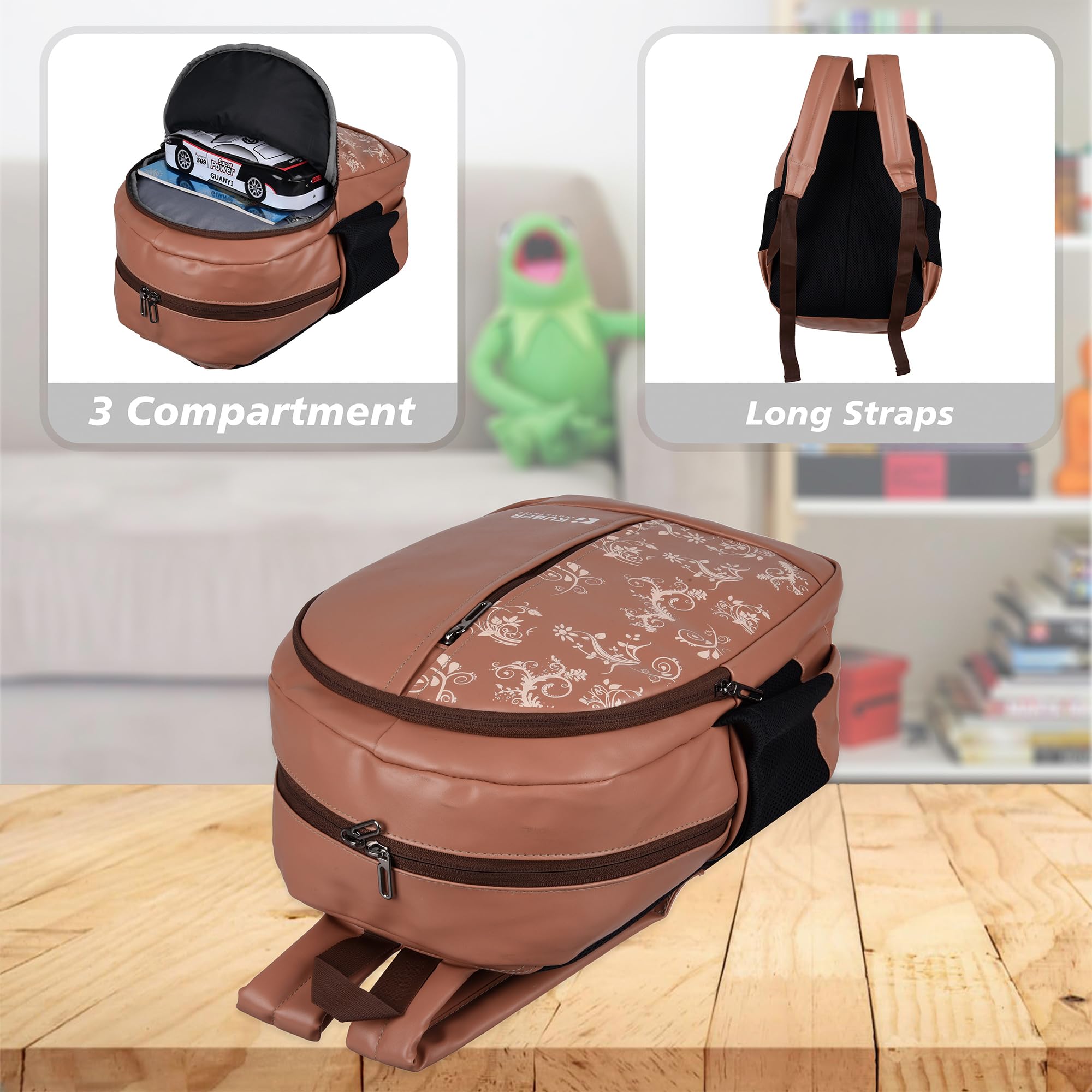 Kuber Industries 20L Kids Backpack - 3 Compartment School Bag for Boys & Girls, Lightweight College Backpack with Half Print Design (Beige) - Perfect for School, Travel & Daily Use