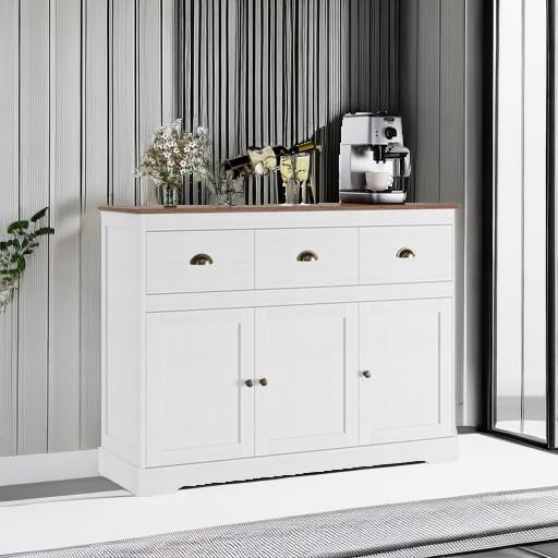 Farmhouse Style Buffet Cabinet with 3 Drawers & 3 Doors - Adjustable Shelves Kitchen Storage Sideboard, Wine Bar Console Table for Dining & Living Room - Antique White Finish | Perfect for Dining Room Storage, Kitchen Organization & Home Decor